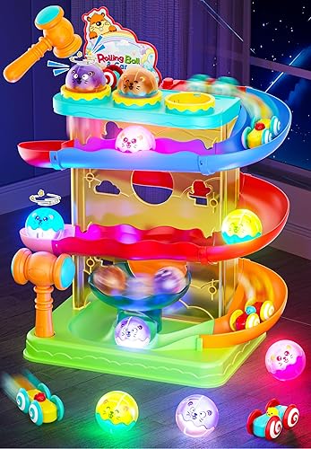 Bola rodante 2 en 1 y pista de carreras de rampa de coche para niños pequeños, juguete de caída de bola de martillo para niños y niñas, juguetes