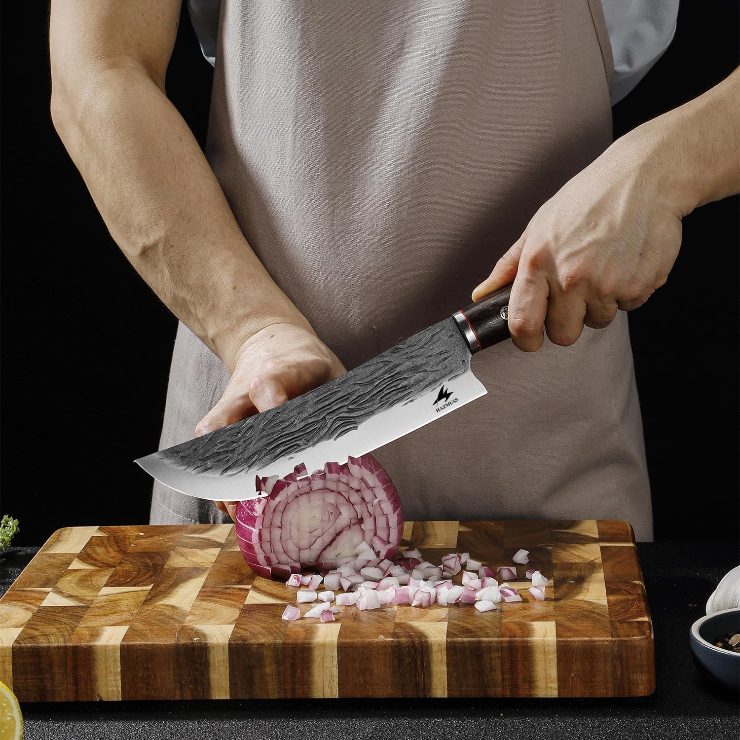 Professional 7.8-inch Chef Knife, High Carbon Stainless Steel Blade for Cutting Meat, with Leather Sheath Scabbard, Ash Wood Handle, Suitable for Kitchen, Outdoor Cooking, BBQ