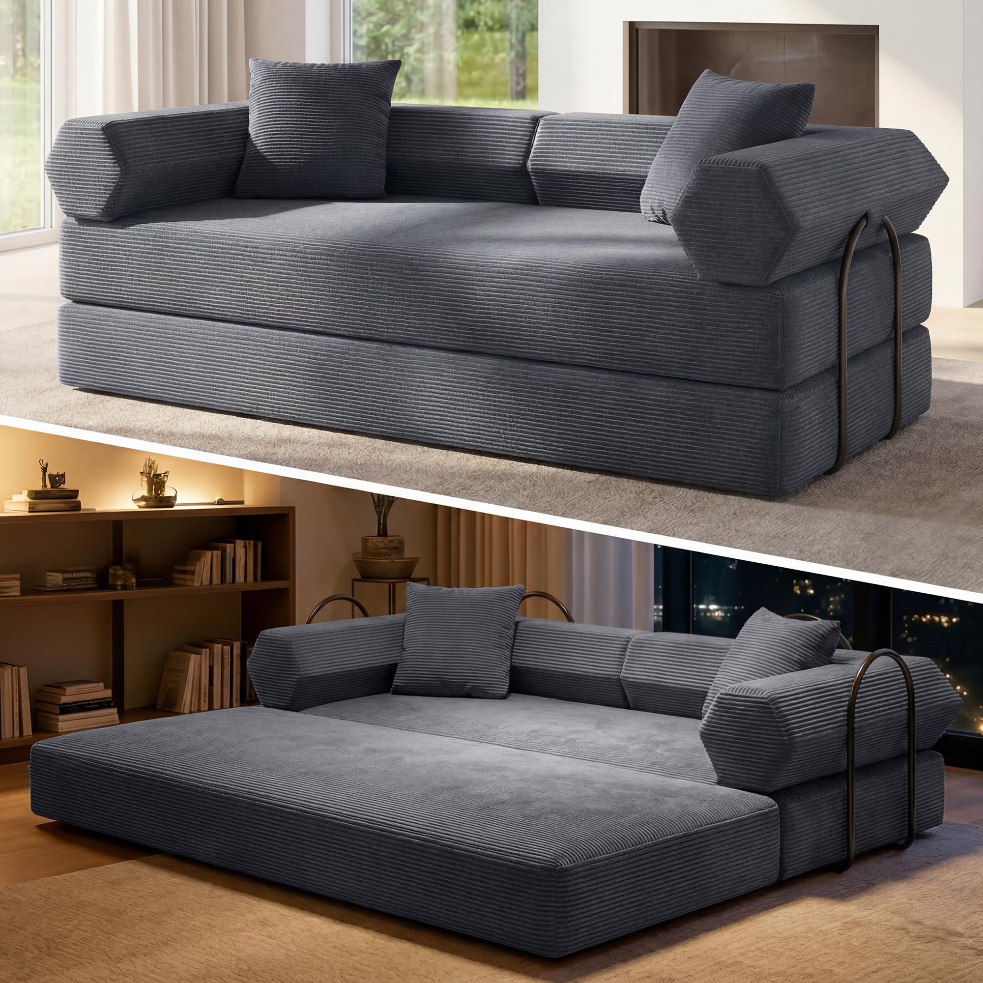 79" Boneless Couch, Convertible Futon Sofa Bed, Corduroy Sleeper Sofa | Mattress-Grade Pocket Spring Core, Floor Couch for Living Room, Bedroom, Apartment & Guest Room, Dark Gray