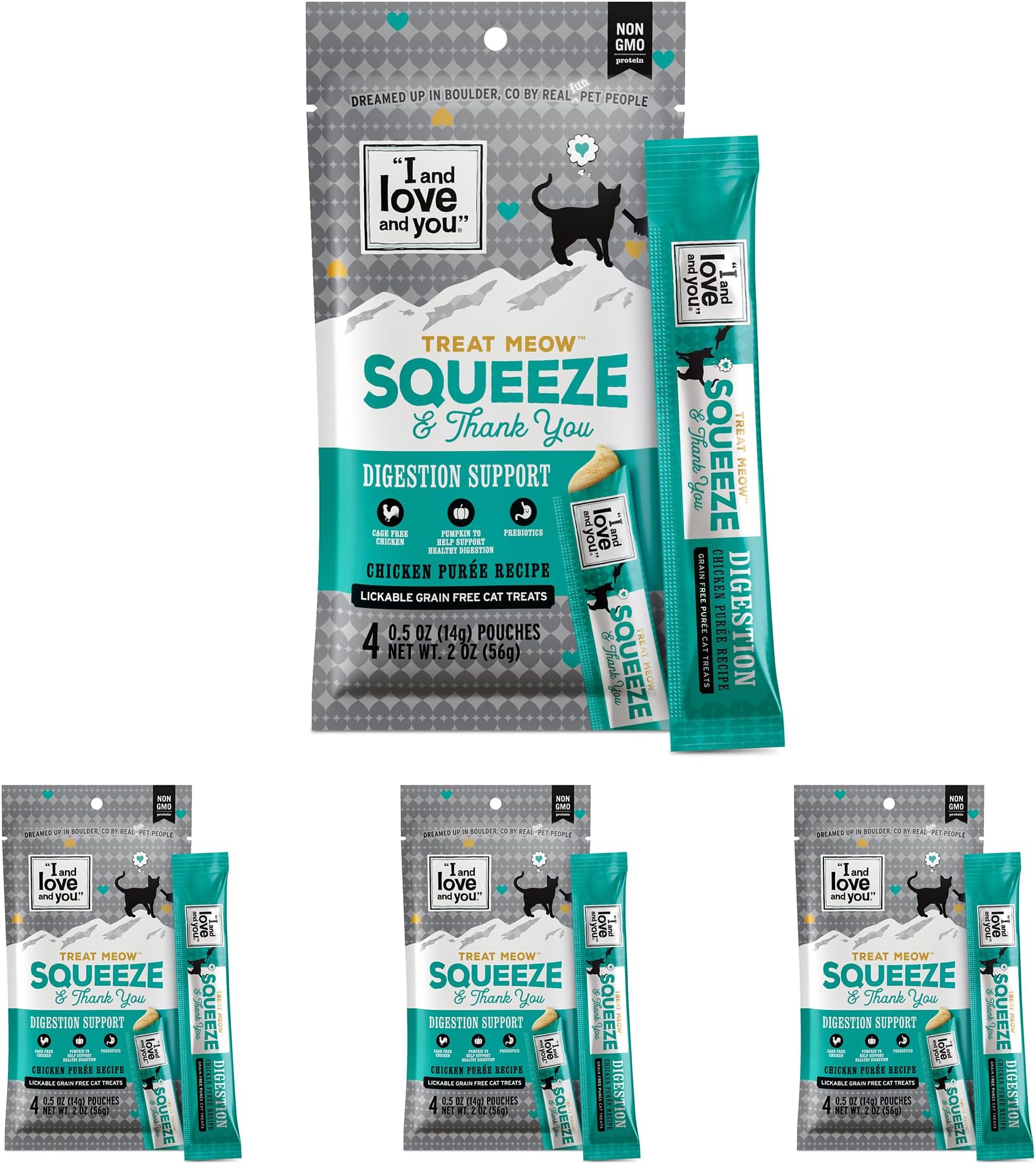 I AND LOVE AND YOU Treat Meow Lickable Cat Treats - Chicken Puree - Digestion Support, Squeeze Treat, 0.5oz, 4ct