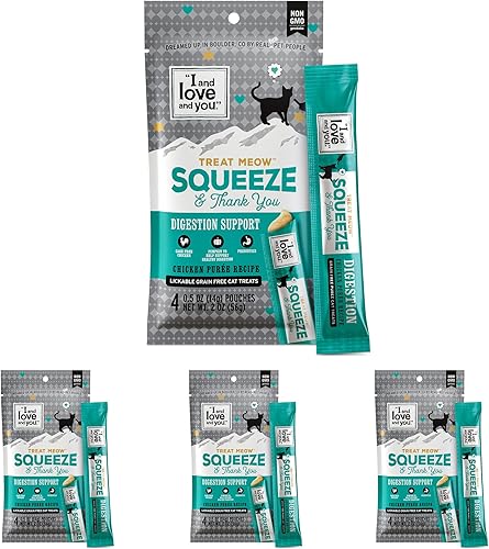 I and Love and You Treat Meow bocadillos para gatos para lamer - Puré de pollo - Apoyo a la digestión, golosina exprimible, 0.5oz, 4
