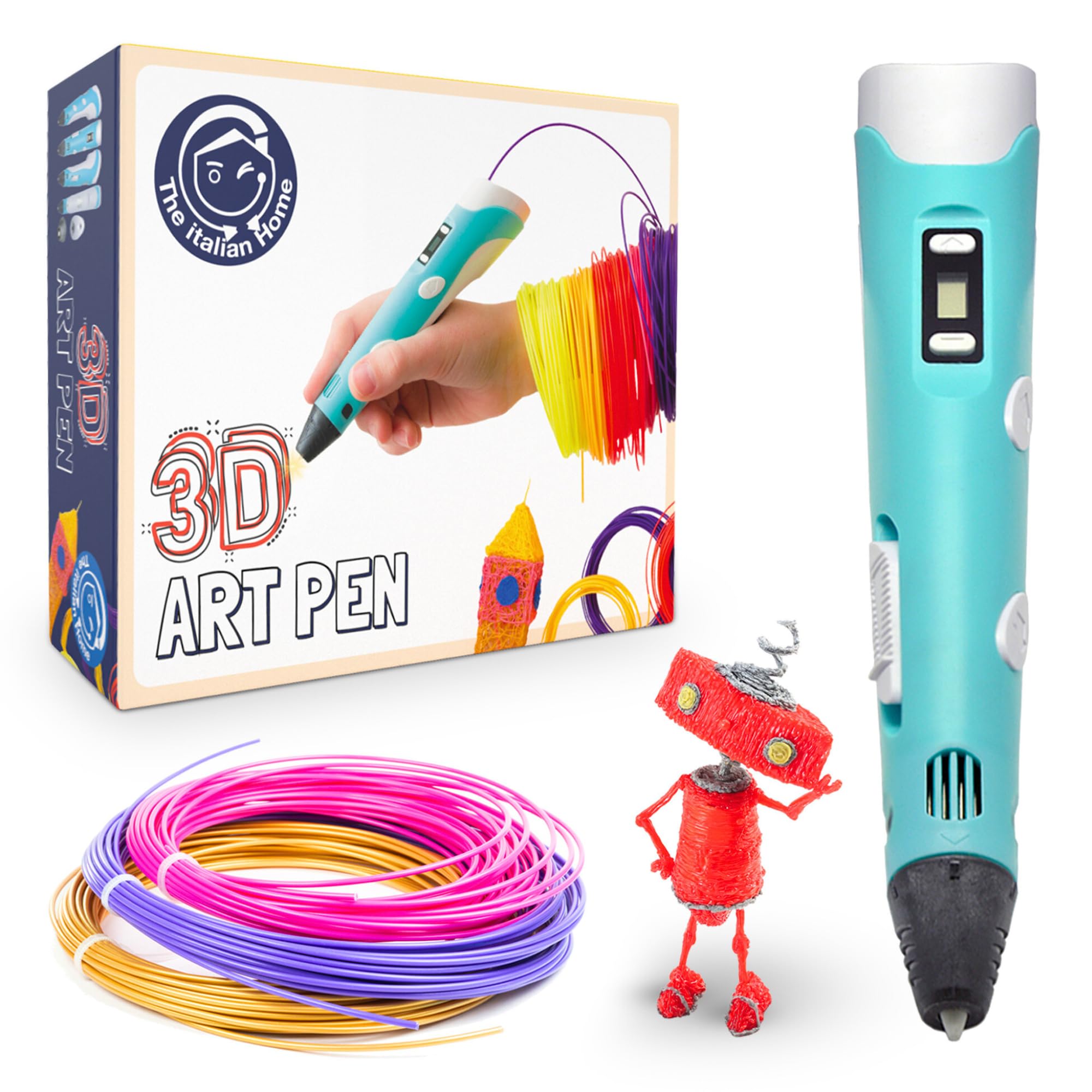 The Italian Home® Boligrafo 3D niños + Instrucciones en español y guía ilustrada de Regalo + Filamentos PLA 12 Colores (2 Fluorescentes) - boli 3D, Lapiz 3D, boligrafo 3D para niños