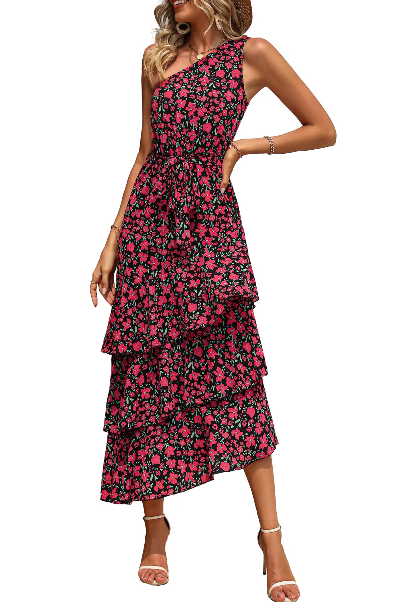 PRETTYGARDEN Women's Summer Floral Sundress Casual One Shoulder Tiered Ruffle Flowy Midi Beach Boho Dresses