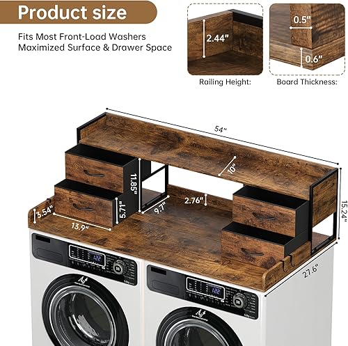 Miniatura 5 de Encimera de lavadora y secadora con 4 cajones y estante, 27.5 pulgadas de profundidad x 54 pulgadas de ancho, cubierta de lavandería con barandillas