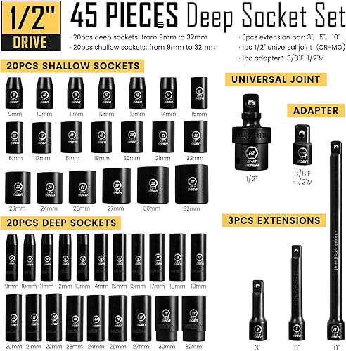 Miniatura 2 de BOEN Juego de 57 llaves de impacto SAE y métricas de 1/2 pulgada, revestimiento de fosfato negro, diseño de 6 puntos, cumple con las normas ANSI