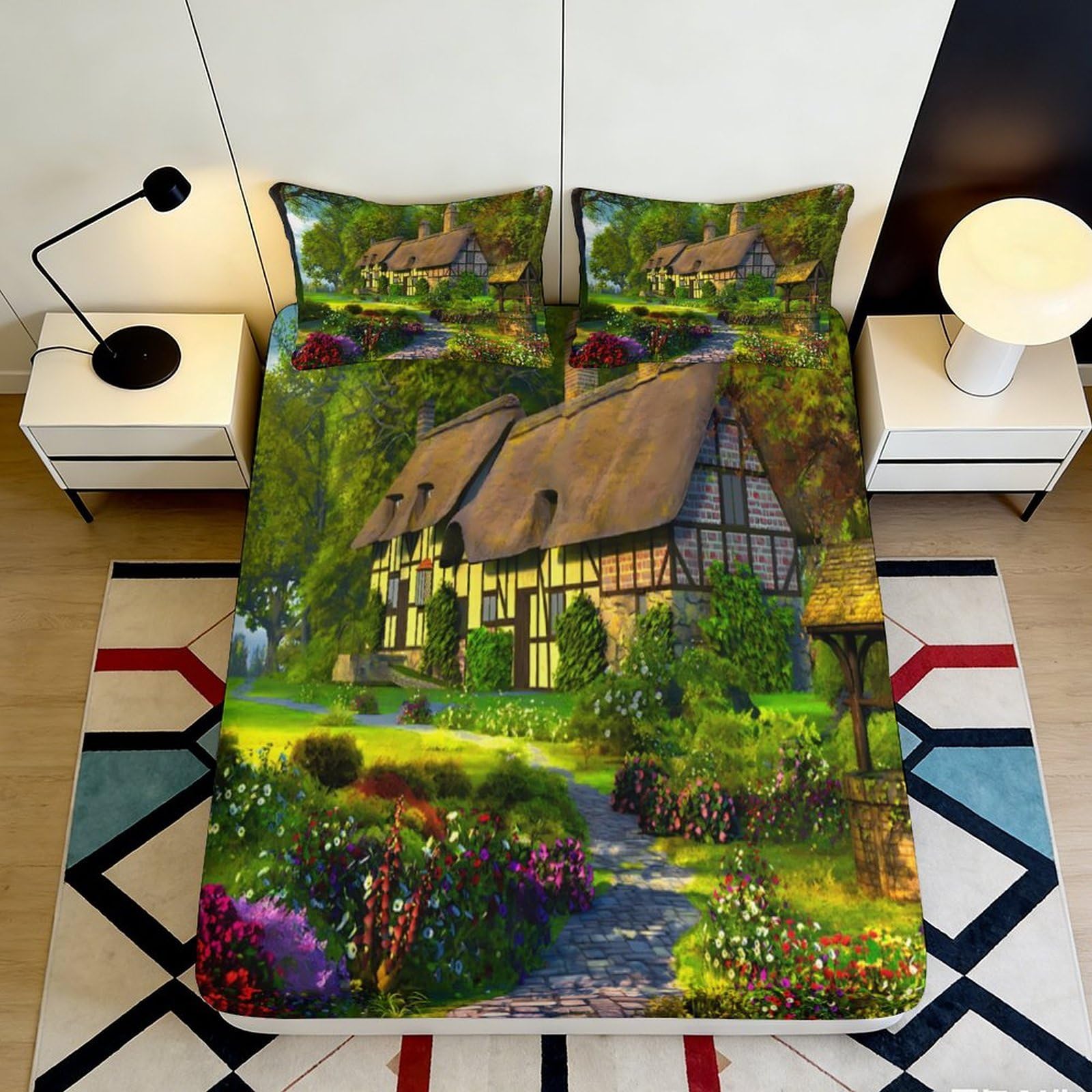 3D Printed Cottage Garden Fitted Sheet Microfiber Scenic Landscape Bed Cover for Bedroom Guest Room Decor 90x200x25cm