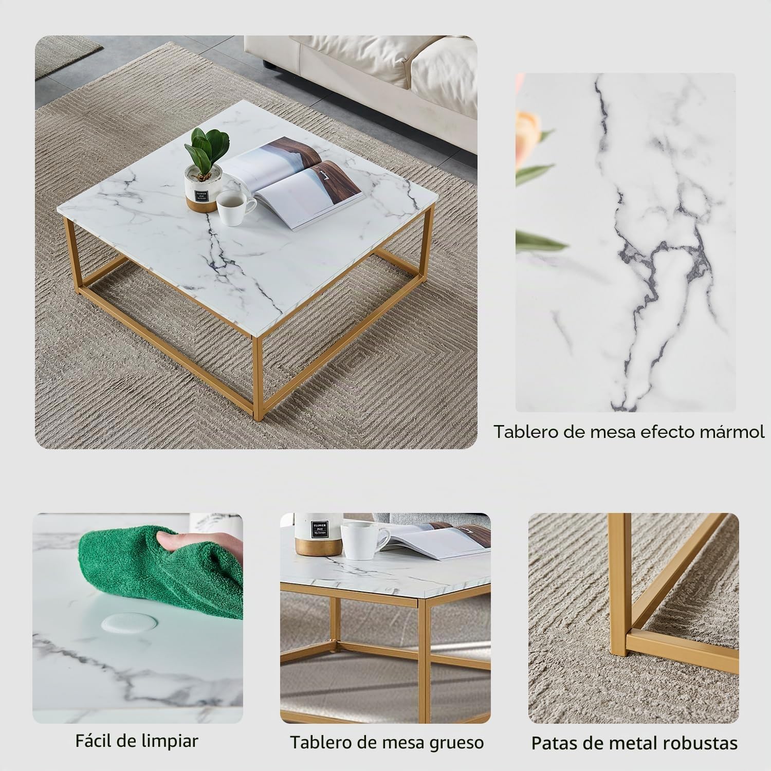 MEUBLE COSY Mesa de Centro Mesitas Salón para el café Sofá Mármol de imitación, Estructura de Metal, Estilo Industrial, 80x80x34cm, Blanco y Dorado