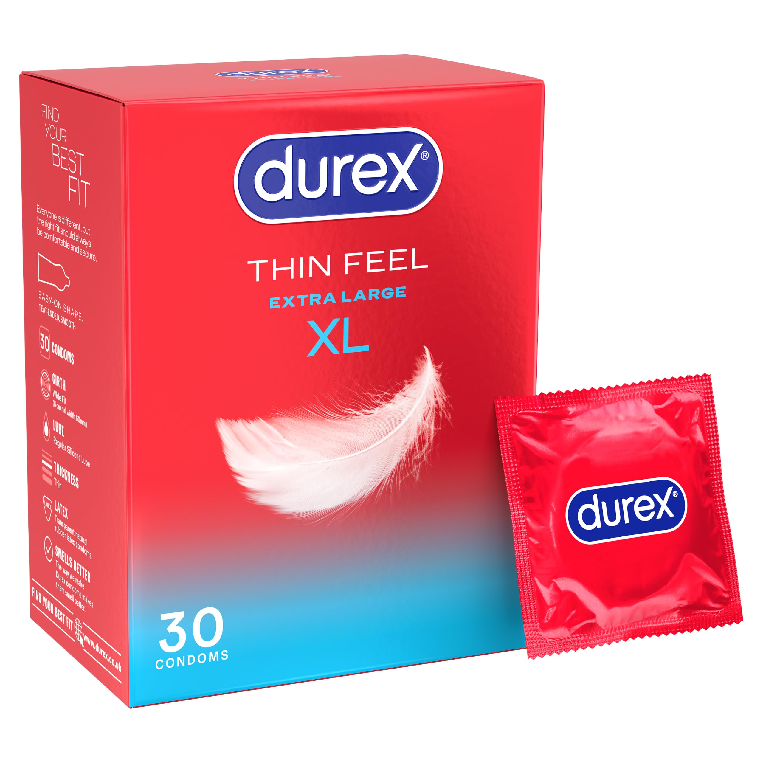 Durex Thin Feel XL, 30 Condoms, Silicone Lubricated