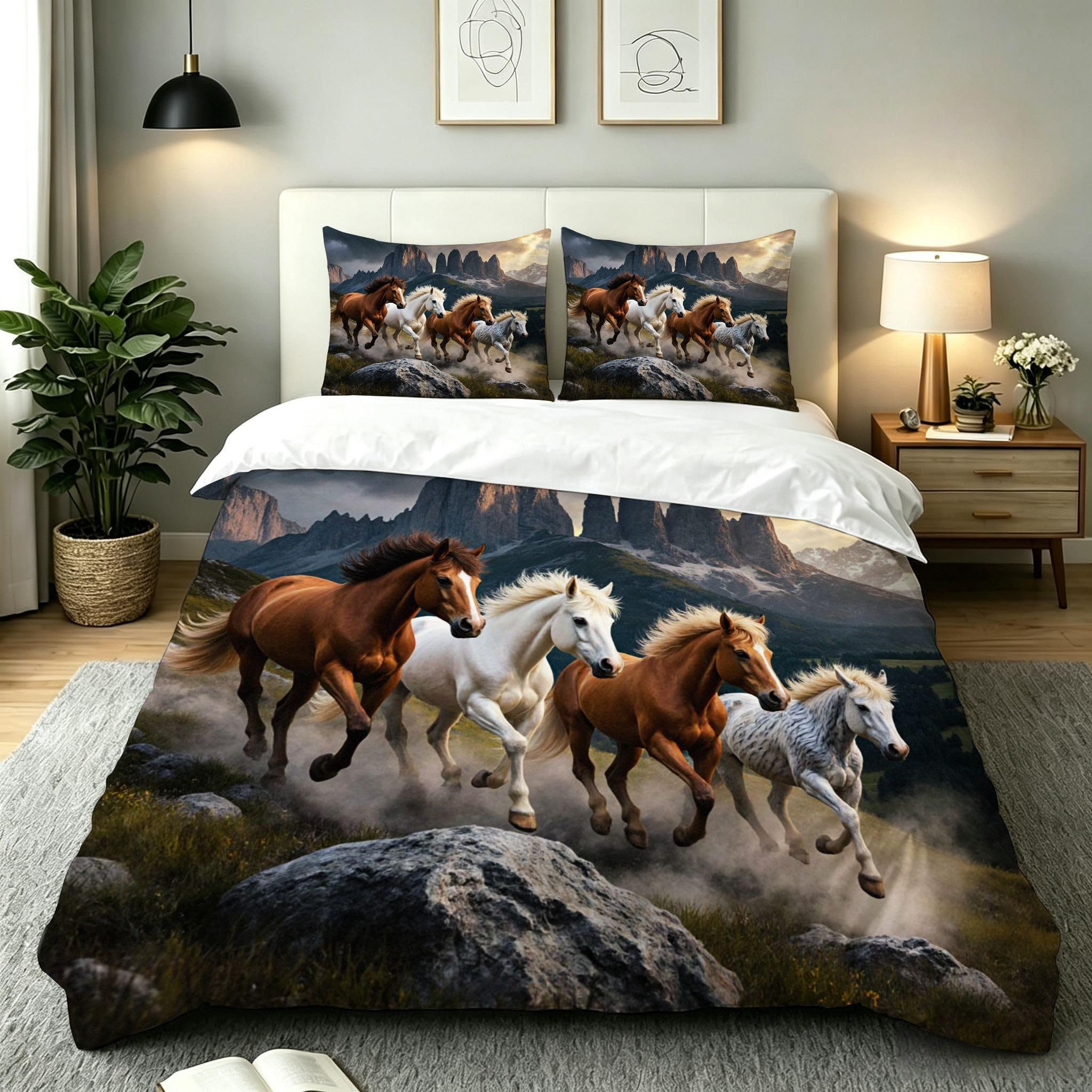 Housse de couette imprimée cheval 240x260 cm en microfibre douce et facile d'entretien