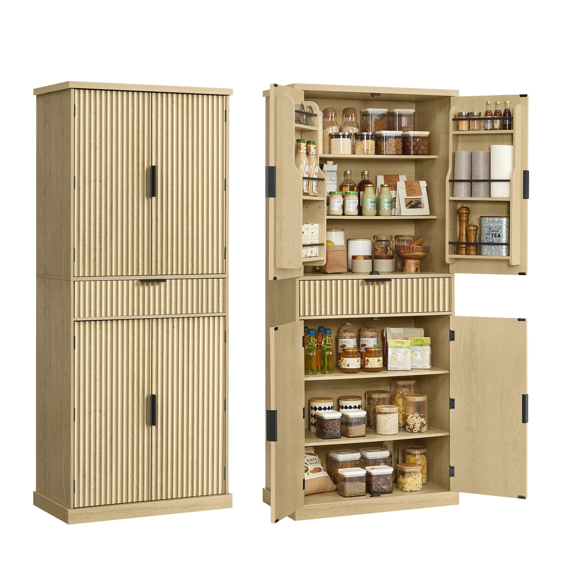 VASAGLE MAXE Collection - Pantry Cabinet, 70.6-Inch Tall Storage Cabinet with Drawer, 6 Adjustable Shelves, 2 Cabinets, Fluted Doors, Mid Century Modern, for Kitchen Living Room, Oak Beige UBBK365Y01