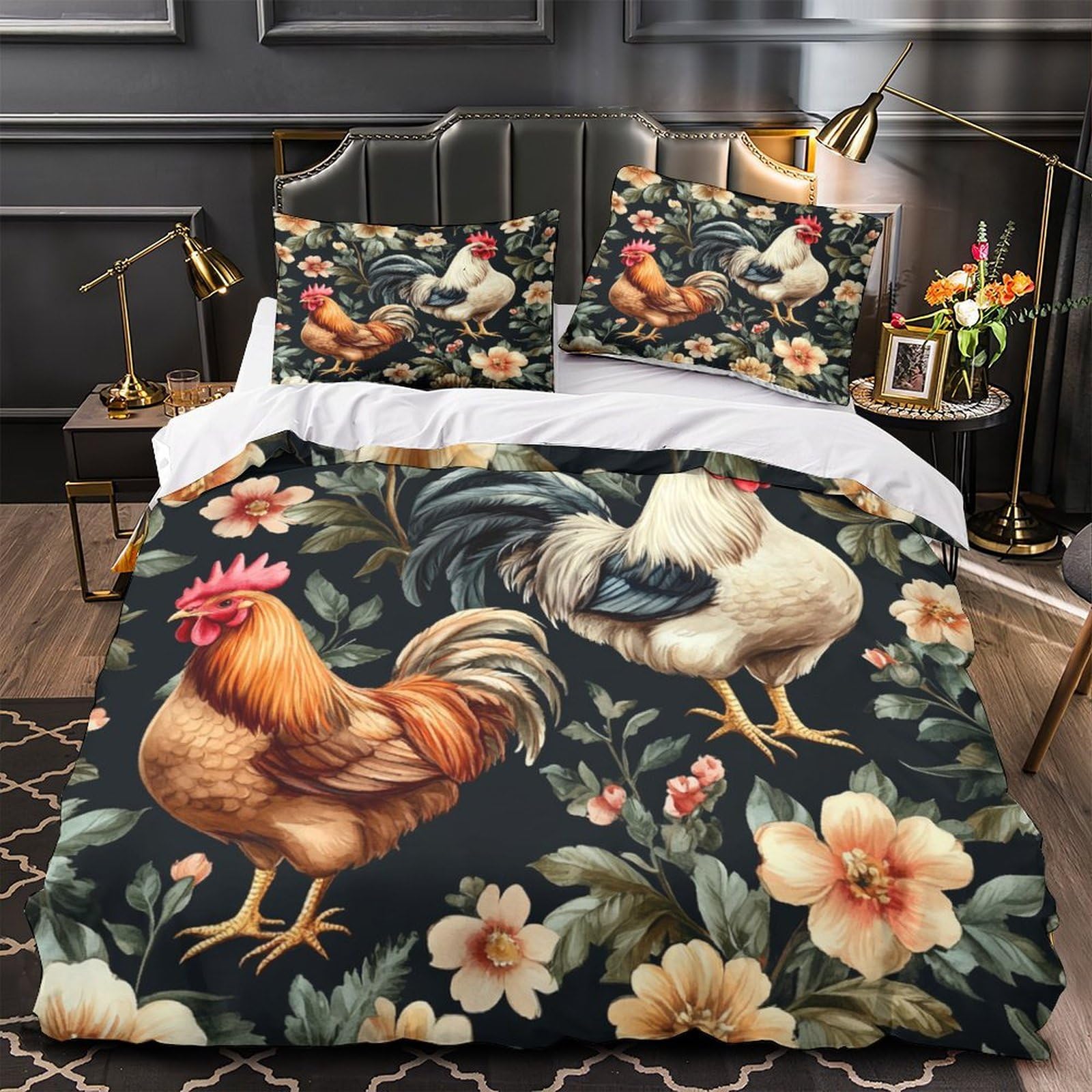Housse de couette coqs 140x200cm en microfibre douce avec fermeture éclair pour lit simple