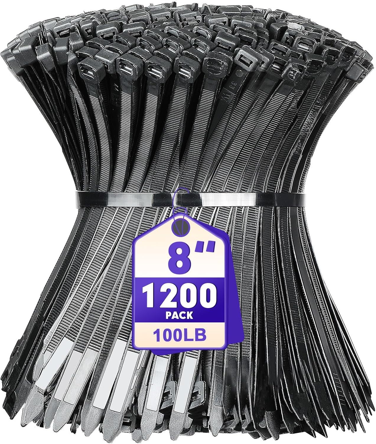 Zip Ties, RAZCC 1200pcs Black Cable Zip Ties 8 Inch, Heavy Duty Plastic Wire Ties with 70lb Tensile Strength, Self-Locking Black Nylon Tie Wraps for Indoor and Outdoor