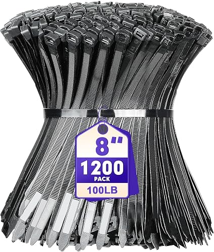 Zip Ties, RAZCC 1200pcs Black Cable Zip Ties 8 Inch, Heavy Duty Plastic Wire Ties with 100lb Tensile Strength, Self-Locking Black Nylon Tie Wraps for Indoor and Outdoor