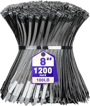 Zip Ties, RAZCC 1200pcs Black Cable Zip Ties 8 Inch, Heavy Duty Plastic Wire Ties with 100lb Tensile Strength, Self-Locking Black Nylon Tie Wraps for Indoor and Outdoor