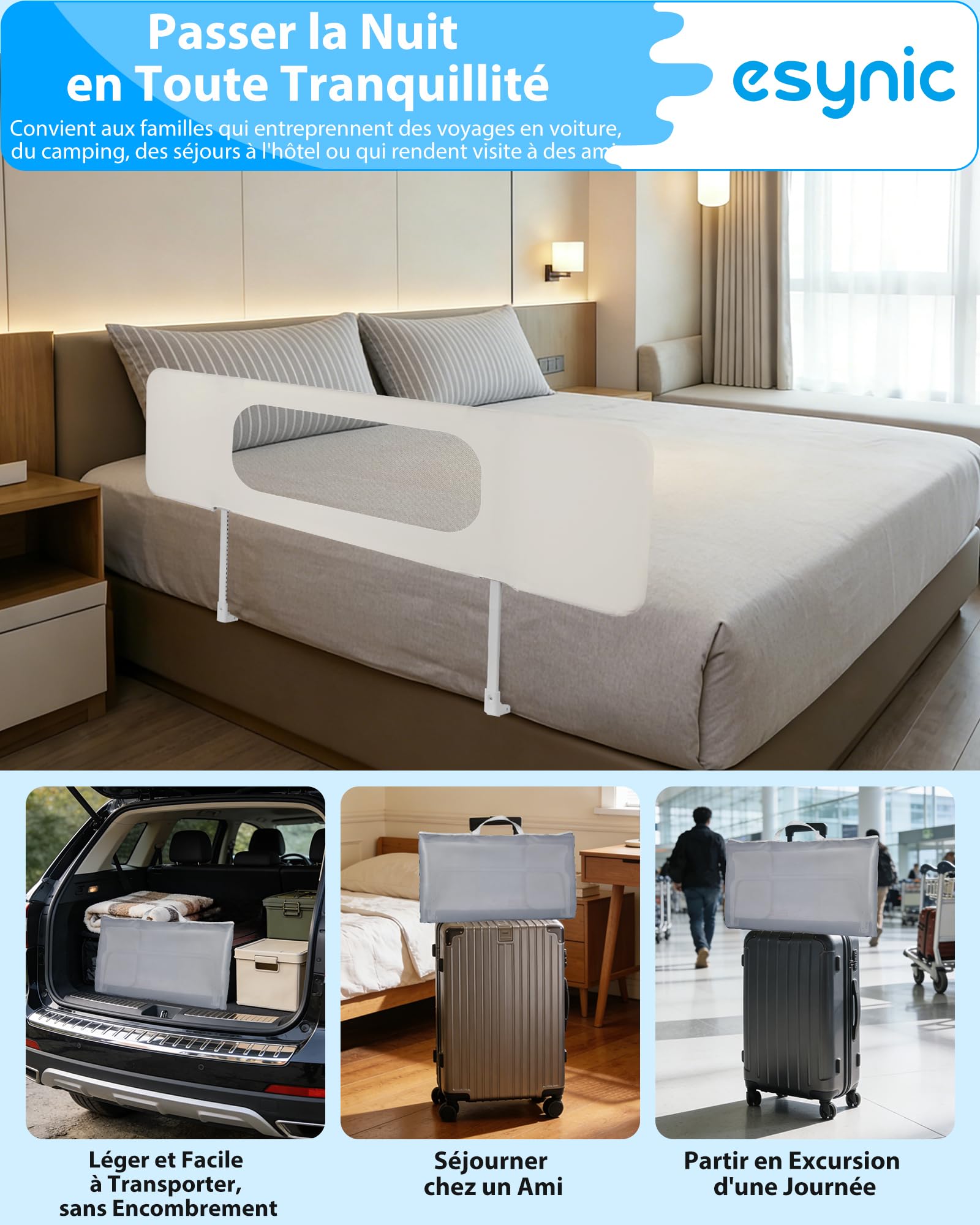 eSynic Barrière de Lit Enfant Pliable 150 x 41 cm Base en U Réglage en Hauteur Attache de Ceinture de Sécurité Barriere de Sécurité Lit Tissu Maillé Protection Anti-Collision avec Sac de Rangement