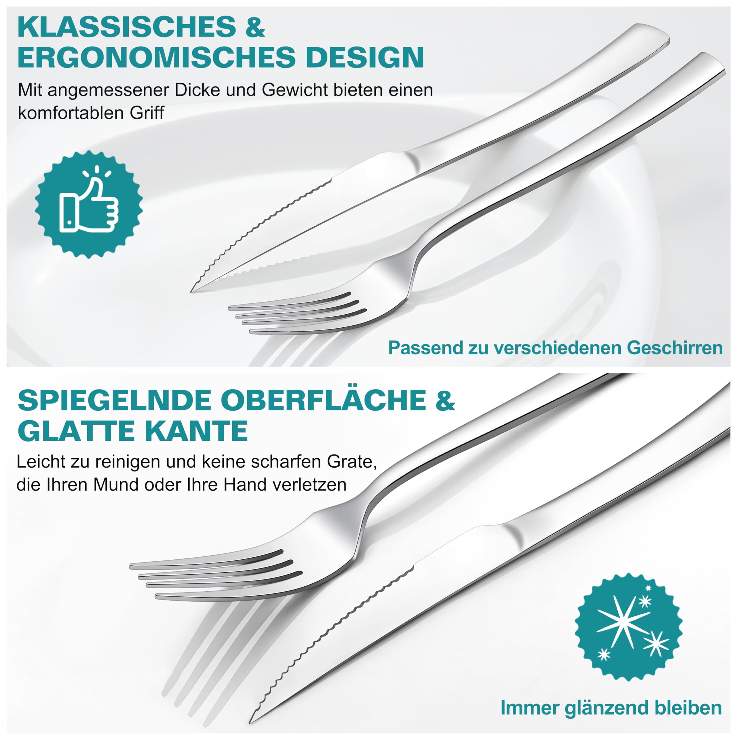 Homikit Lot de 24 couverts à steak en acier inoxydable - Couteaux et fourchettes à steak - Couverts pour 12 personnes - Couteaux de table argentés
