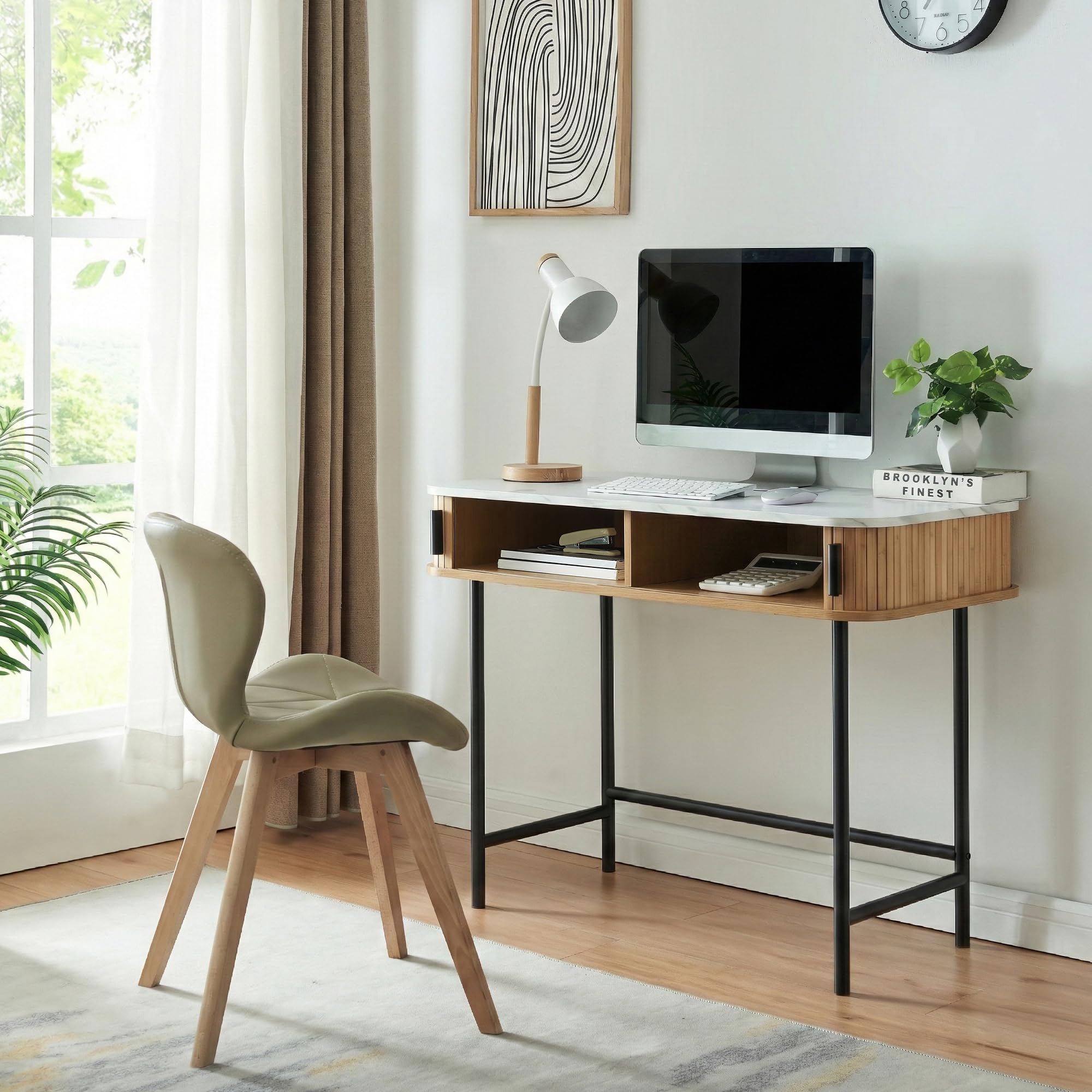 [en.casa] Consola Tvedestrand Versátil Mueble Recibidor Mesa de Entrada con 2 Compartimentos Cerrados Estable Diseño Atractivo Bambú Metal 100 x 50 x 76 cm - Mármol Blanco/Efecto Madera