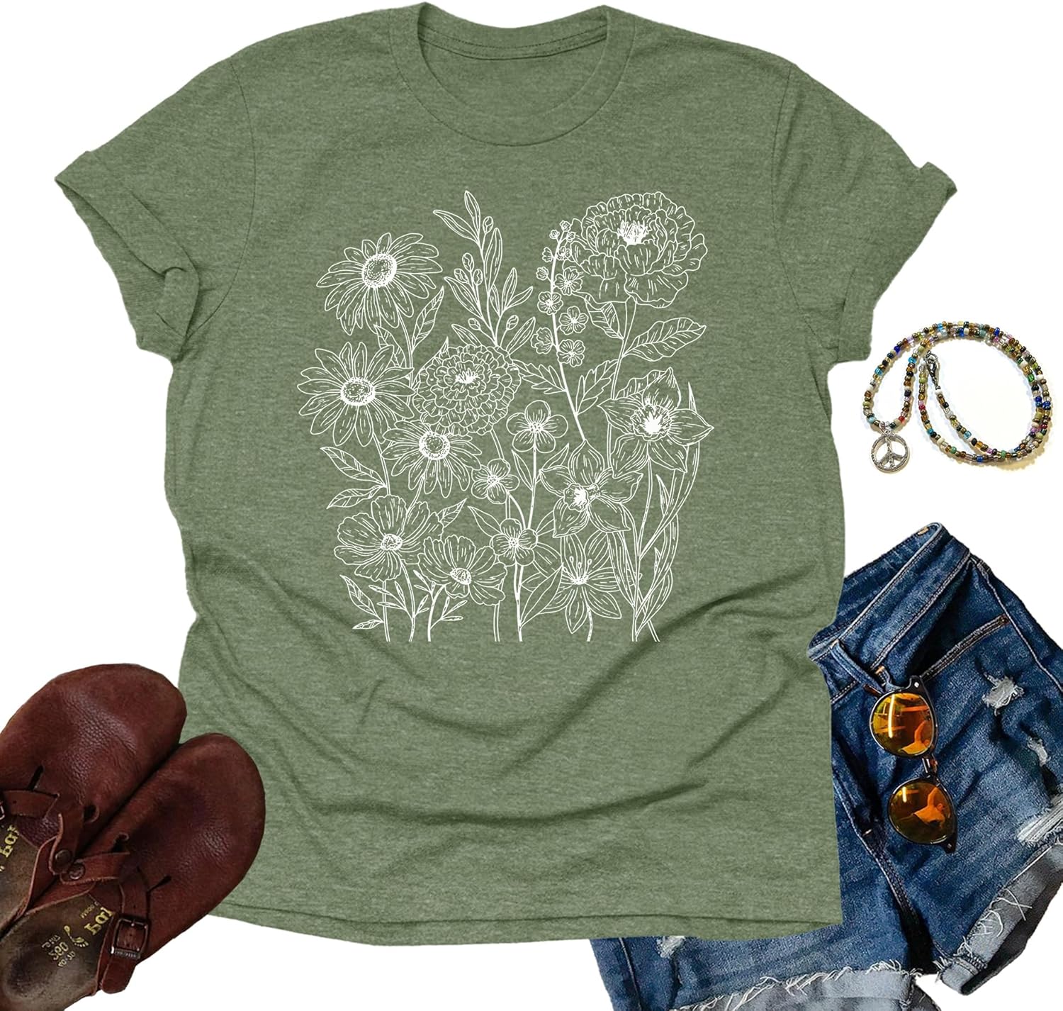 OCURHU Womens Boho Shirts Vintage Floral Tshirt Cottagecore Wildflowers Graphic Tees Bohemian Short Sleeve Tops