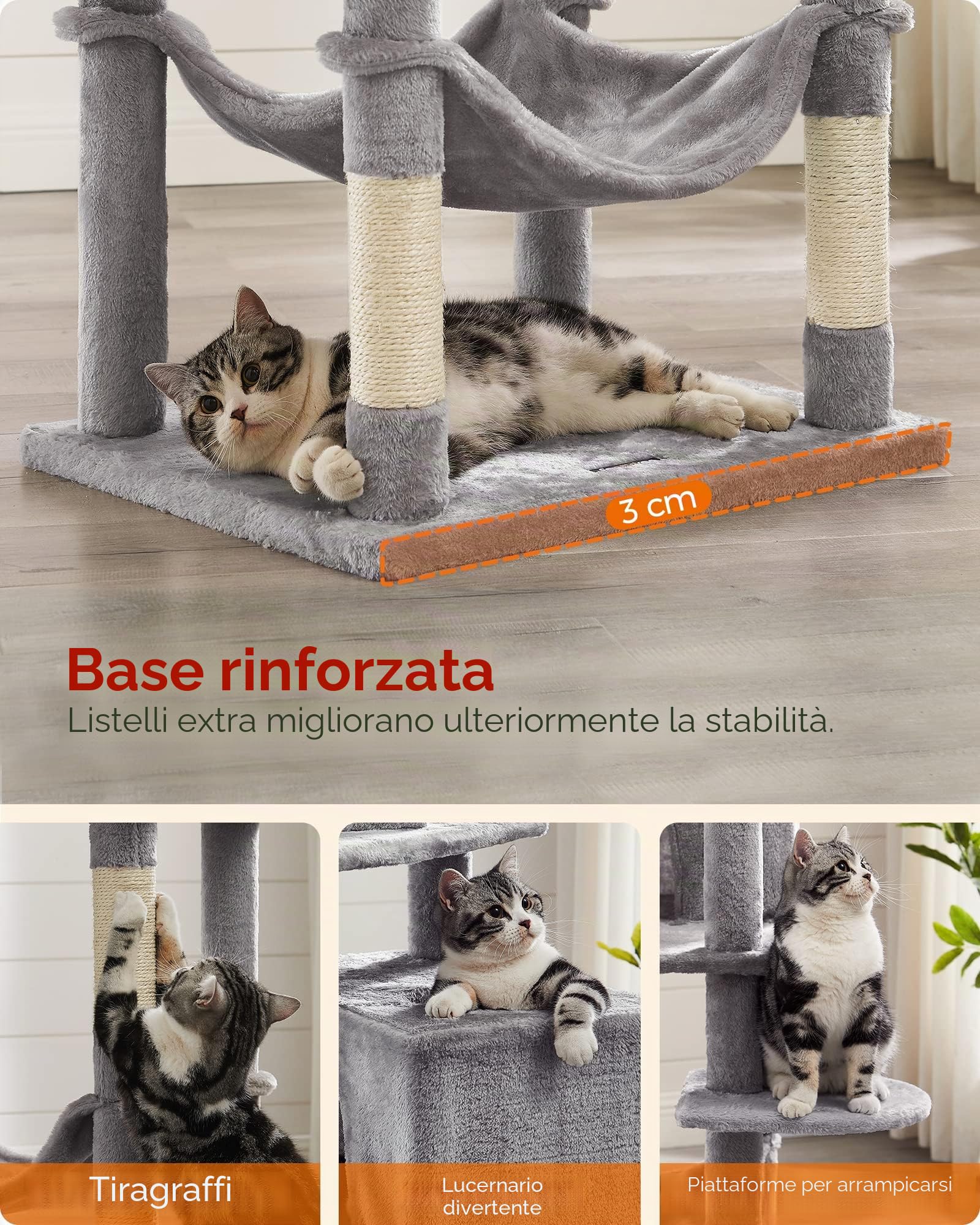 Feandrea Albero per Gatti Alto 191 cm, Tiragraffi per Gatti con 5 Pali Graffiatoi, 2 Posatoi, 2 Grotte, Amaca, 2 Pompon, in Peluche a Più Livelli, Grigio Chiaro PCT191W01