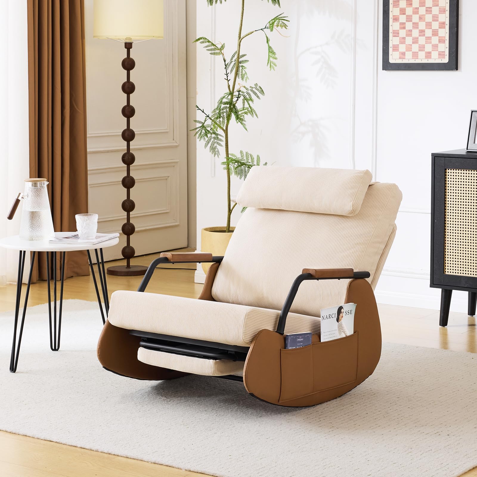 AVAWING Schaukelstuhl mit Klappbarer Rückenlehne,Schaukelsessel mit Kordober Holz und PU,Rocking Chair Schwingsessel für Wohnzimmer,Schlafzimmer,Beige