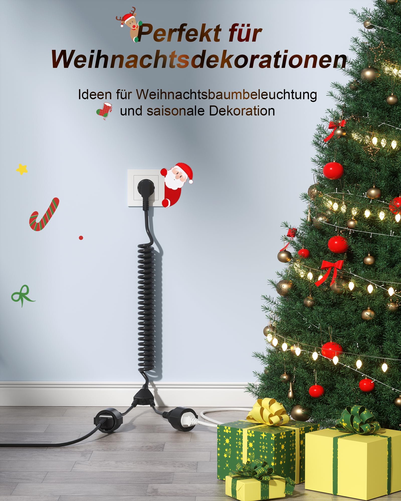 Podwójna wtyczka Schuko, kabel spiralny, 2 gniazda, kabel 1,5 m, rozdzielacz do kuchni, biura, gospodarstwa domowego (AC-2 Plug-TH-DE-Black)