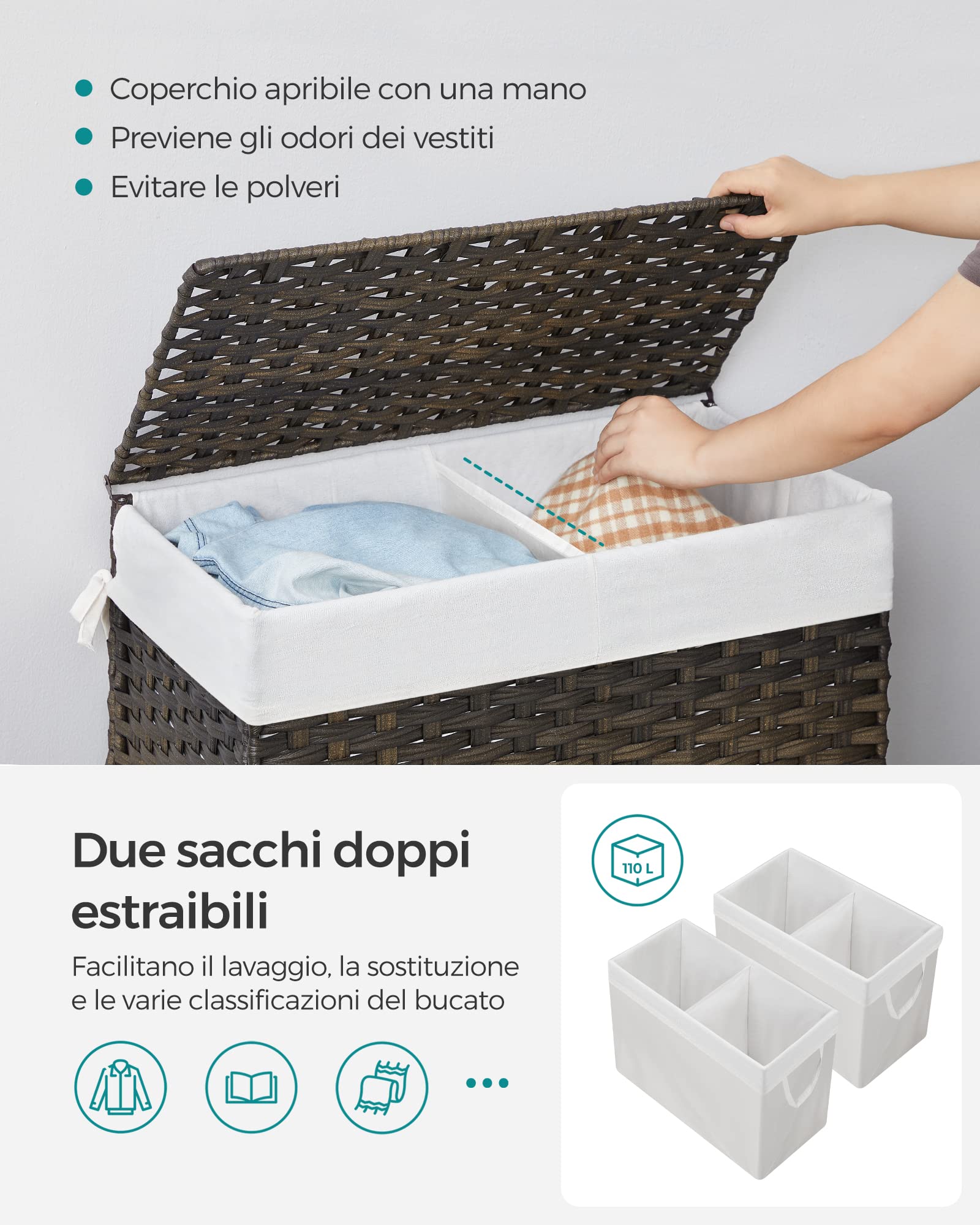 Cesto Portabiancheria Con Ruote SONGMICS - 110L, Sacco Rimovibile, Nero/argento - Foto 9