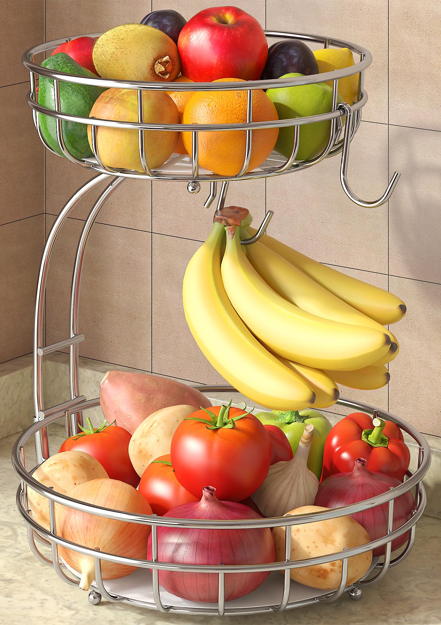 Sevenblue 2 Tier Modern Fruit Bowl with Banana Hangers for Kitchen, Silvery