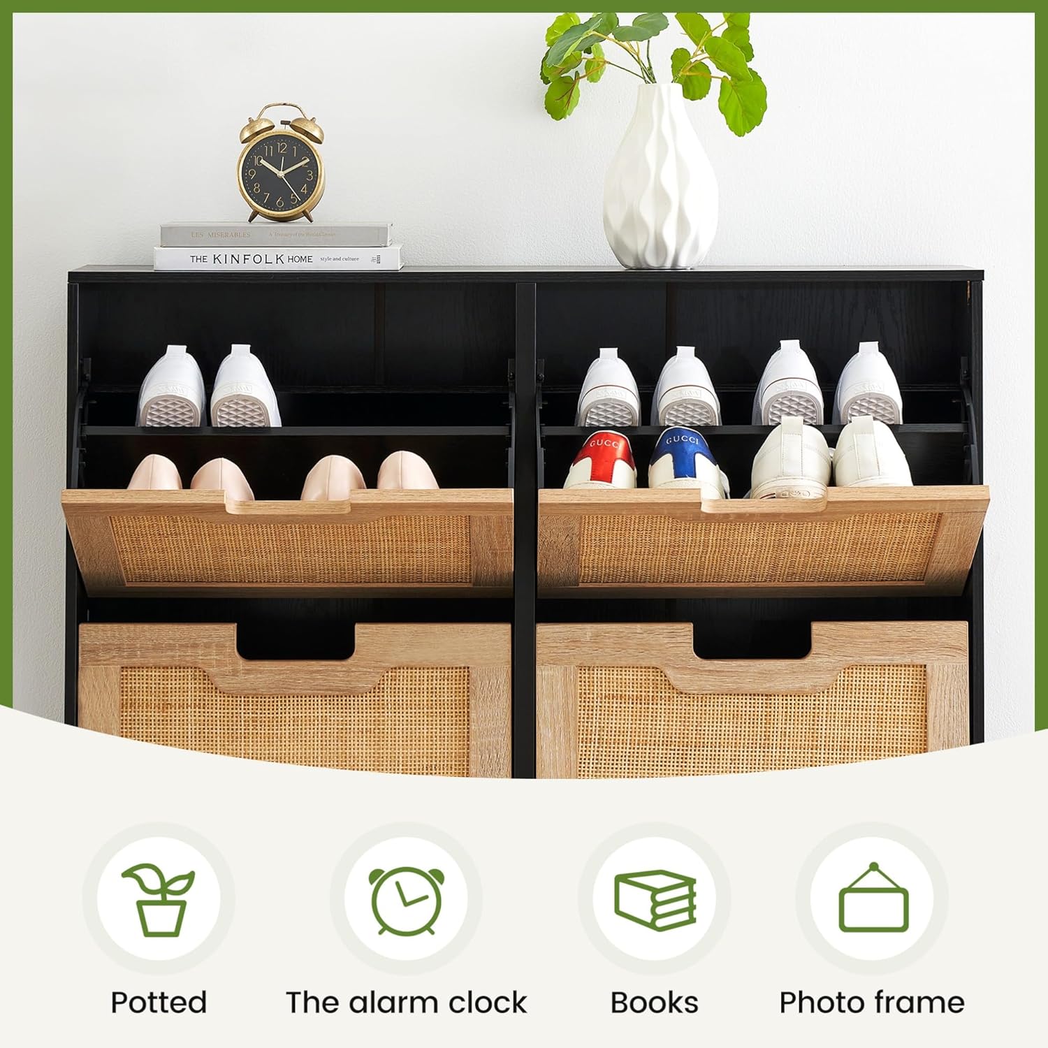 GAOMON Natural Rattan 4 Flip Door Shoe Rack Storage Cabinet, Shoe Cabinet Organizer Freestanding with 3-Tier Adjustable Shelves for Entryway, Entrance Hallway (4 Flip Doors, Black)