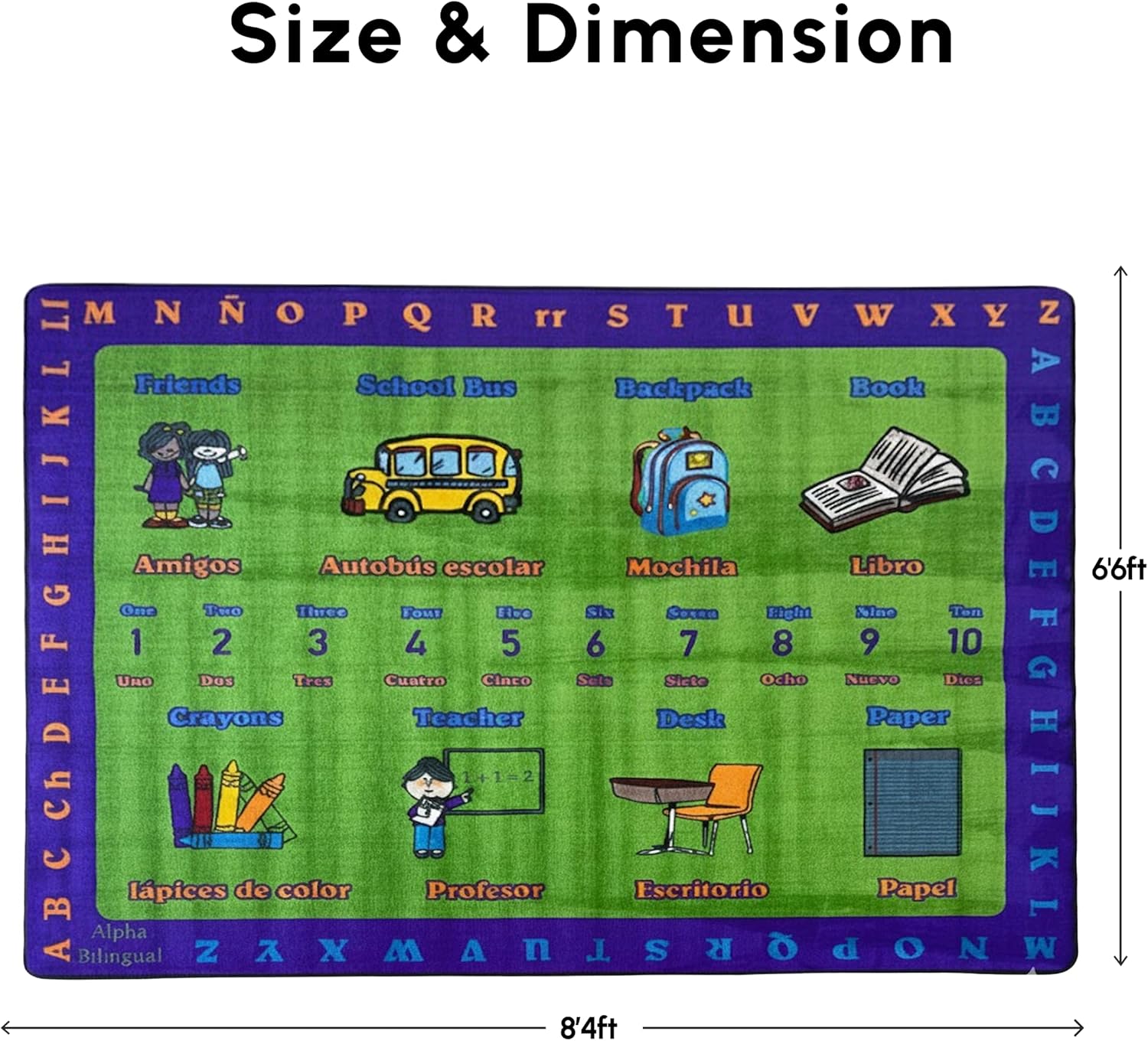 SAFECASTLE Alphabet Spanish Kids Educational Area Rug – 6'6" x 8'4" – Bilingual English & Spanish Learning Carpet with ABC Letters, Numbers & Classroom Objects – Classroom, Daycare & Preschool Rug