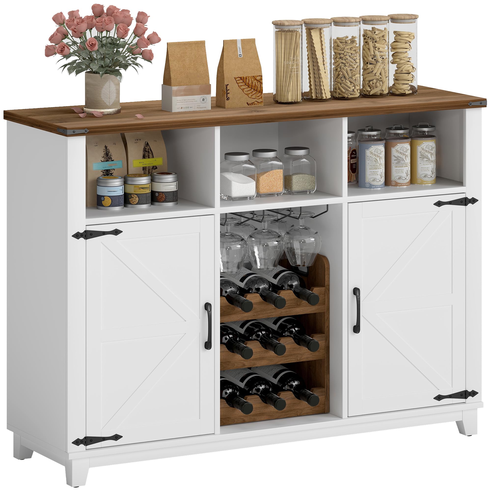 HOMCOM Aparador de Cocina con Botellero, Aparador con 2 Puertas de Granero, Estantes Ajustables y Soporte para Copas, para 9 Botellas, Buffet Auxiliar de Cocina para Comedor, Salón 120x37x88 cm Blanco