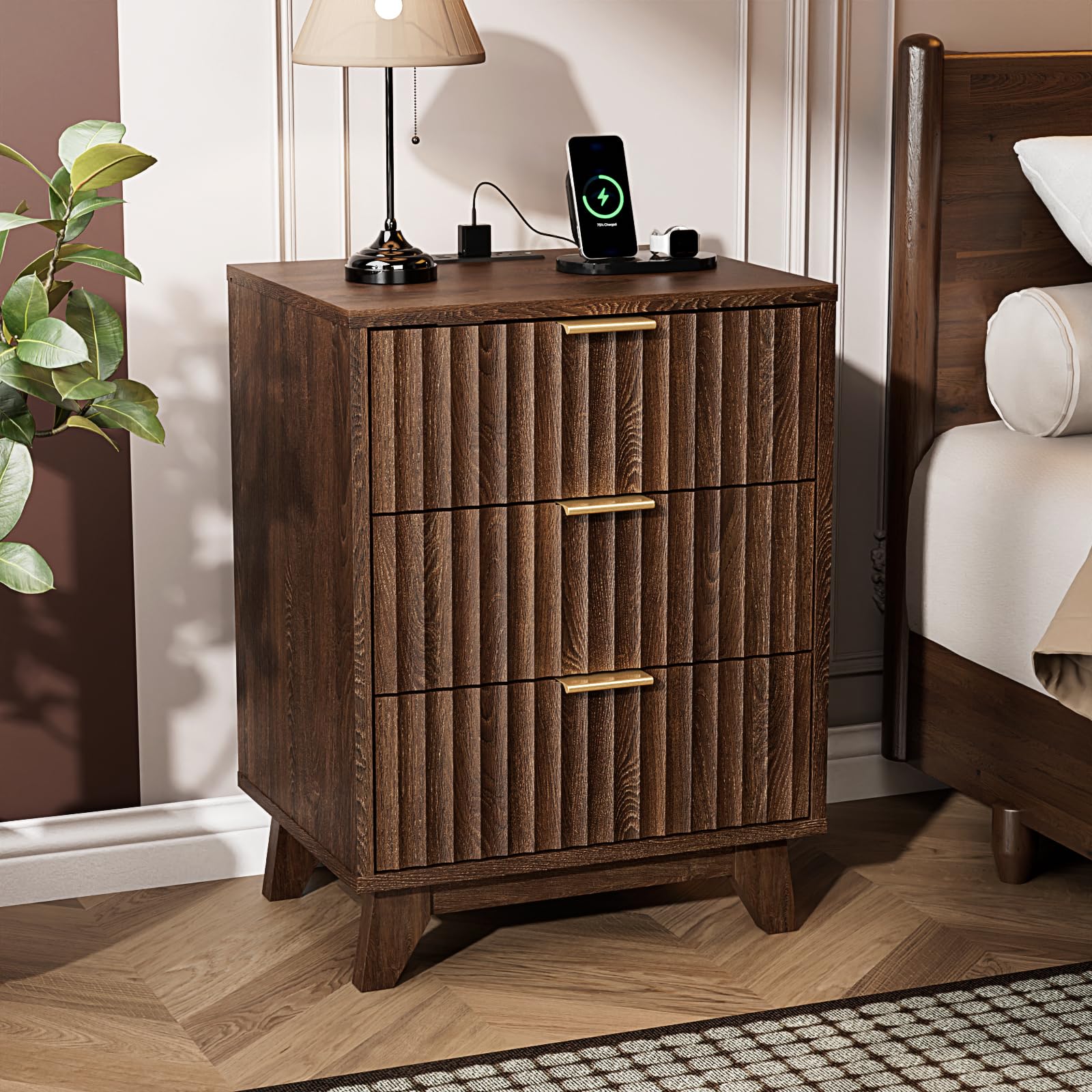 VINGLI Walnut Nightstand with Charging Station, Fluted Nightstand 3 Drawer Night Stand, Mid Century Modern Night Stand for Bedroom, Fluted Bedside Table/End Table/Side Table, 17.72" W, 1 pc