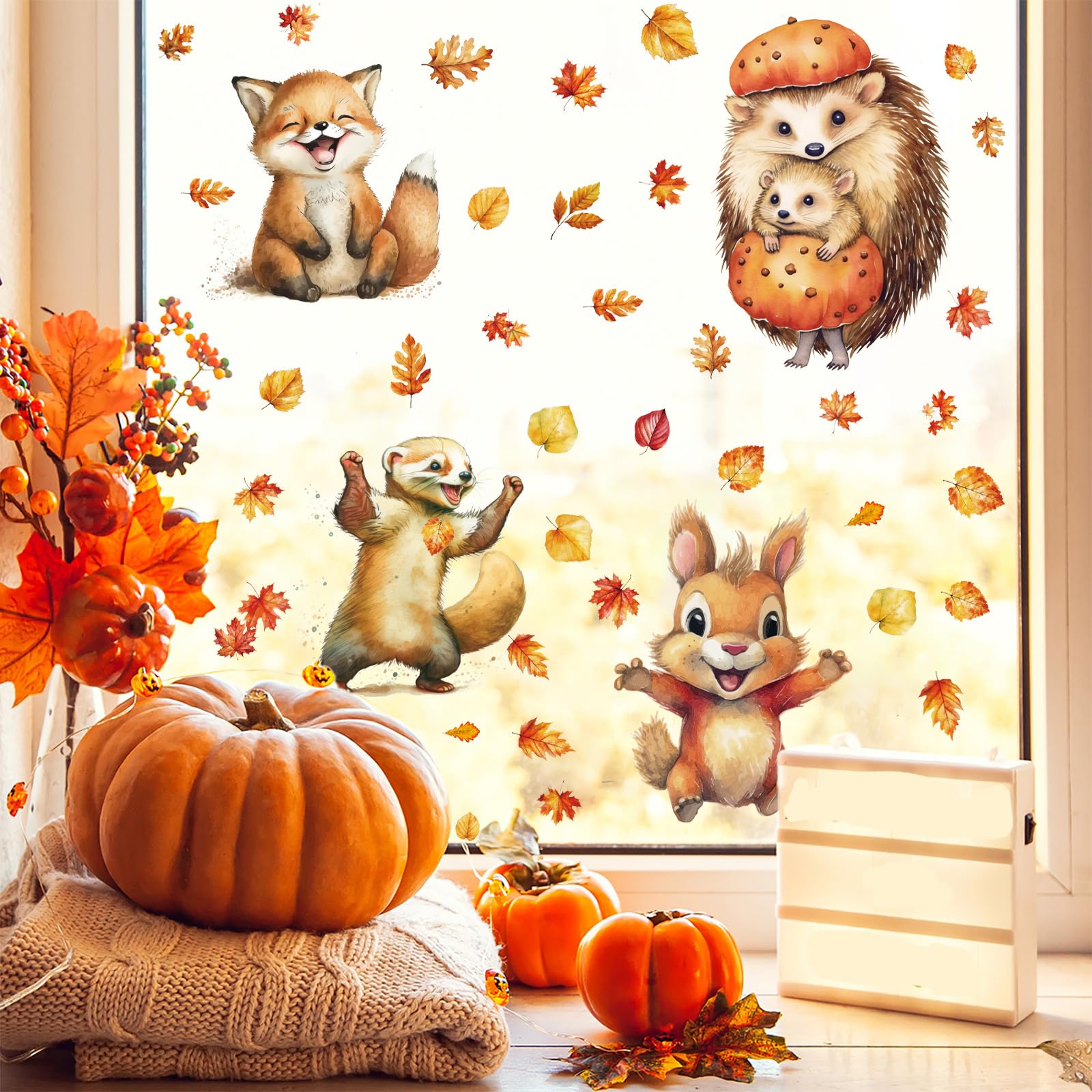 Calcomanías de ventana de otoño con 64 pegatinas de hojas de arce y erizo