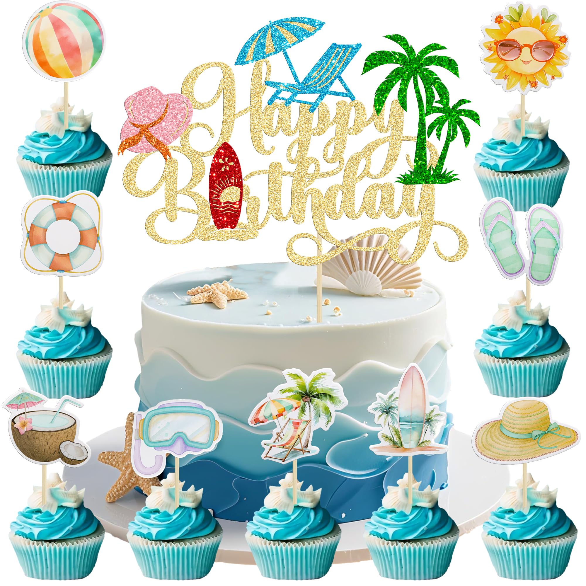 Gyufise 37Pcs Summer Beach Pool Cupcake Toppers Glitter Beach Happy Birthday Cake Topper Ball Sun Umbrella Water Gun Cupcake Picks for Tropical Hawaii Theme Birthday Party Decorations Supplies Gold