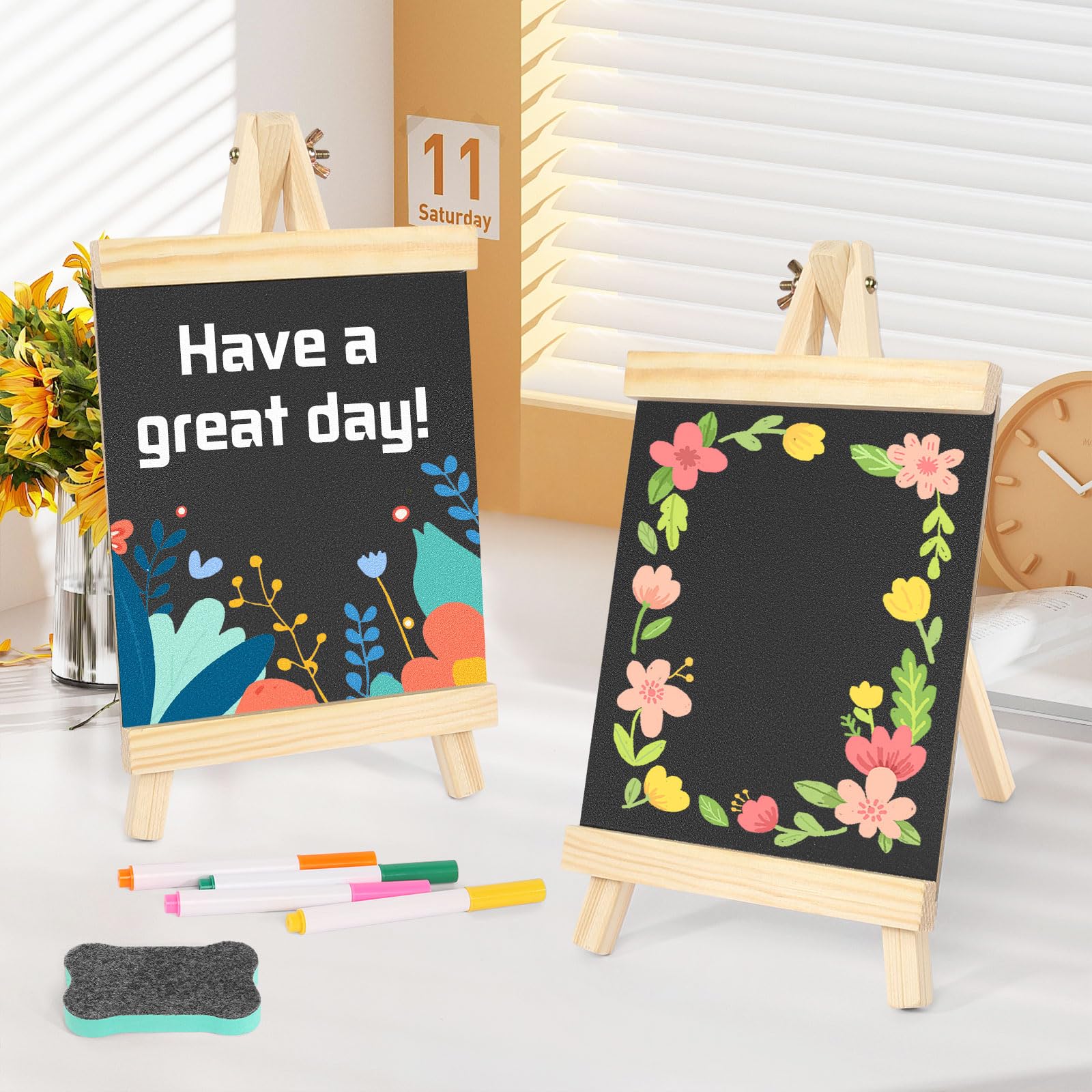 Kreidetafel Aufsteller 2 Stück Schiefertafel zum Beschriften 29 x 16 cm Kleine Tafel mit 12 Kreidefarben und Tafelwischer Kreidetafeln für Preisschilder Buffettisch Geburtstag Hochzeit Party Event