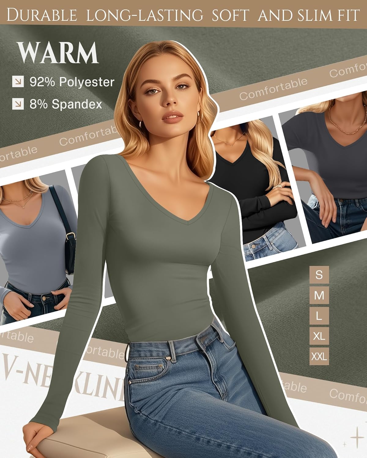 5 Pack Women's Thermal Long Sleeve Shirts Fleece Lined V Neck Tops Slim Fit Base Layer Underwear Cold Weather - Image 4