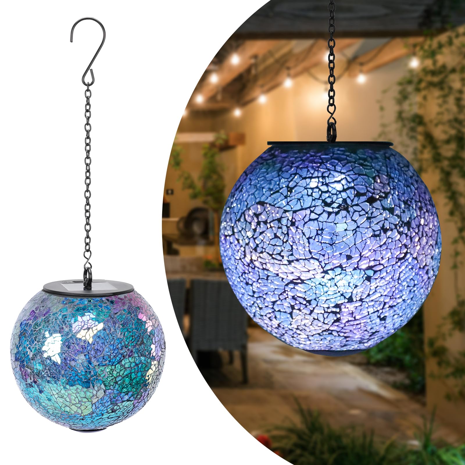 Solar Hanging Lantern Solar Outdoor Lanterns Mosaic Gazing Ball Outdoor Hanging Lights Outdoor Lights Waterproof Garden Patio Pathway & Yard Décor Blue