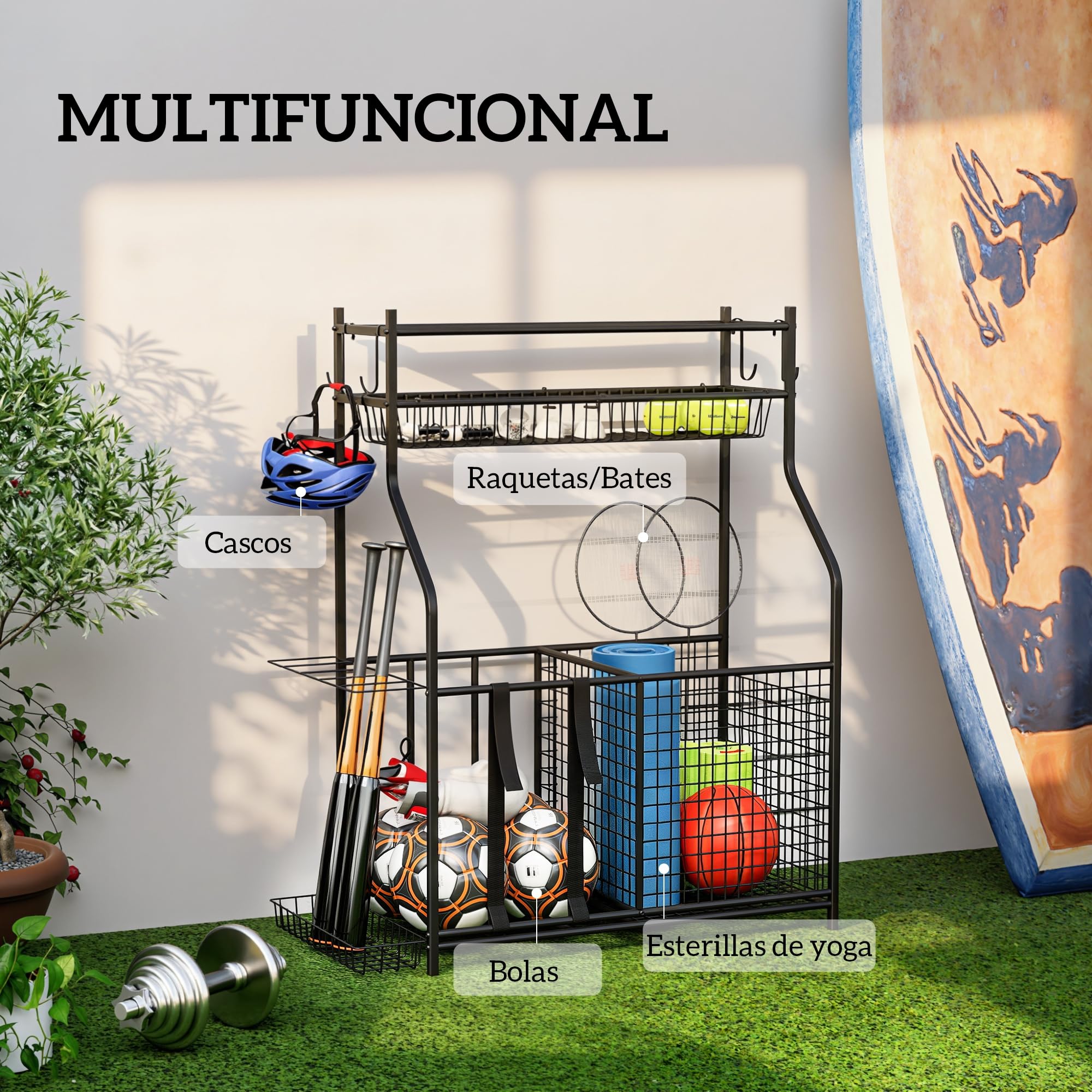 SPORTNOW Organizador de Equipos Deportivos, Almacenamiento de Bolas de Garaje con Cesta, Ganchos Extraibles y Bandas Elásticas, Soporte para Balones de Baloncesto, Fútbol, para Casa Gimnasio o Escuela