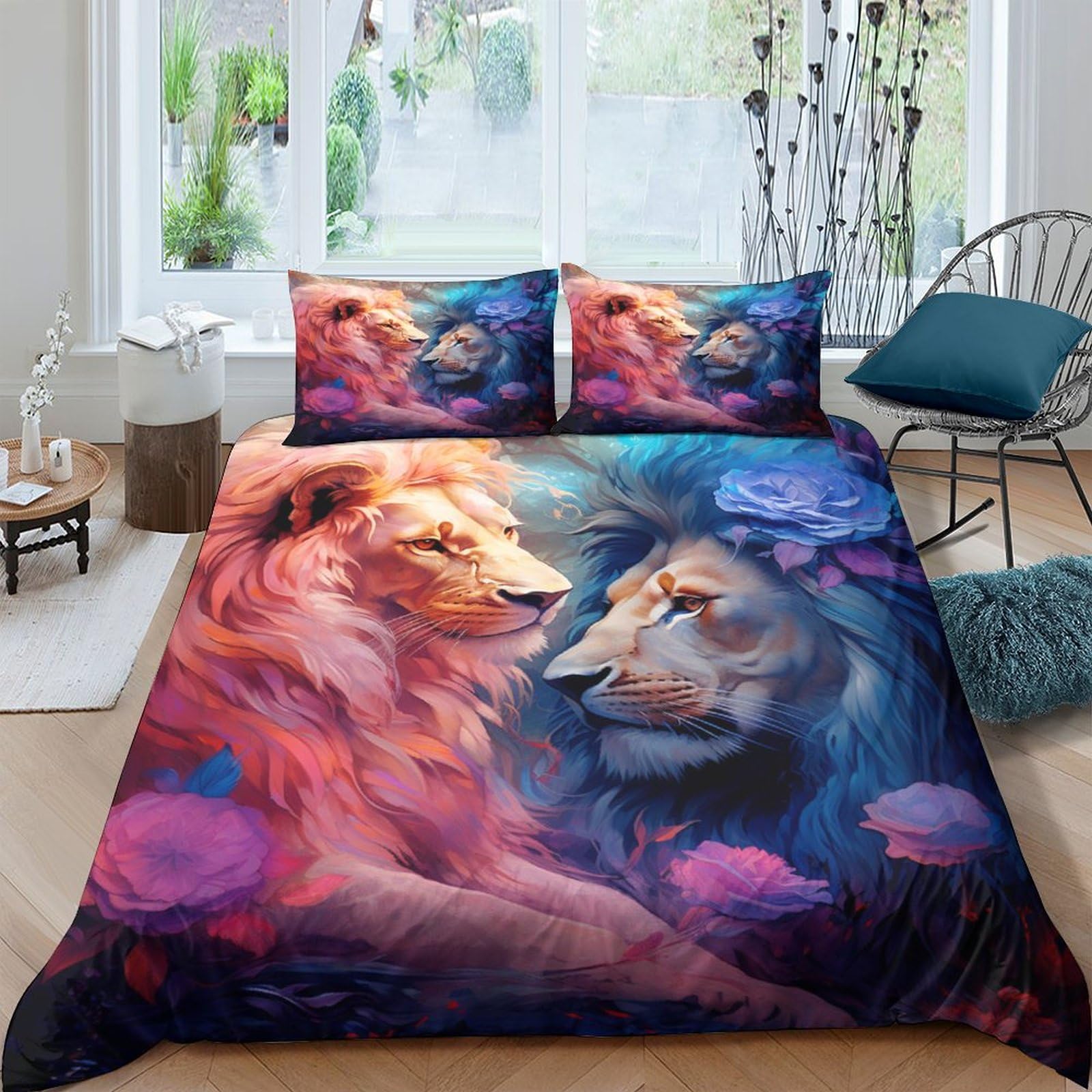 Housse de couette lion déco sauvage parure lit king size pour chambre