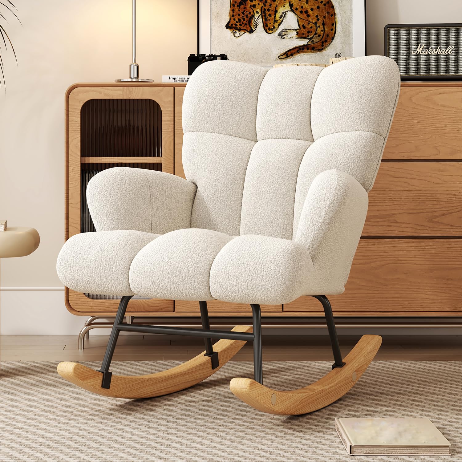 Glider Rocking Chair for Bedroom Chair, Comfy Accent Chair Reading Chair with High Backrest Armchair Teddy Soft Upholstered Living Room Chairs for Nursery Bedroom Home (Milky White)