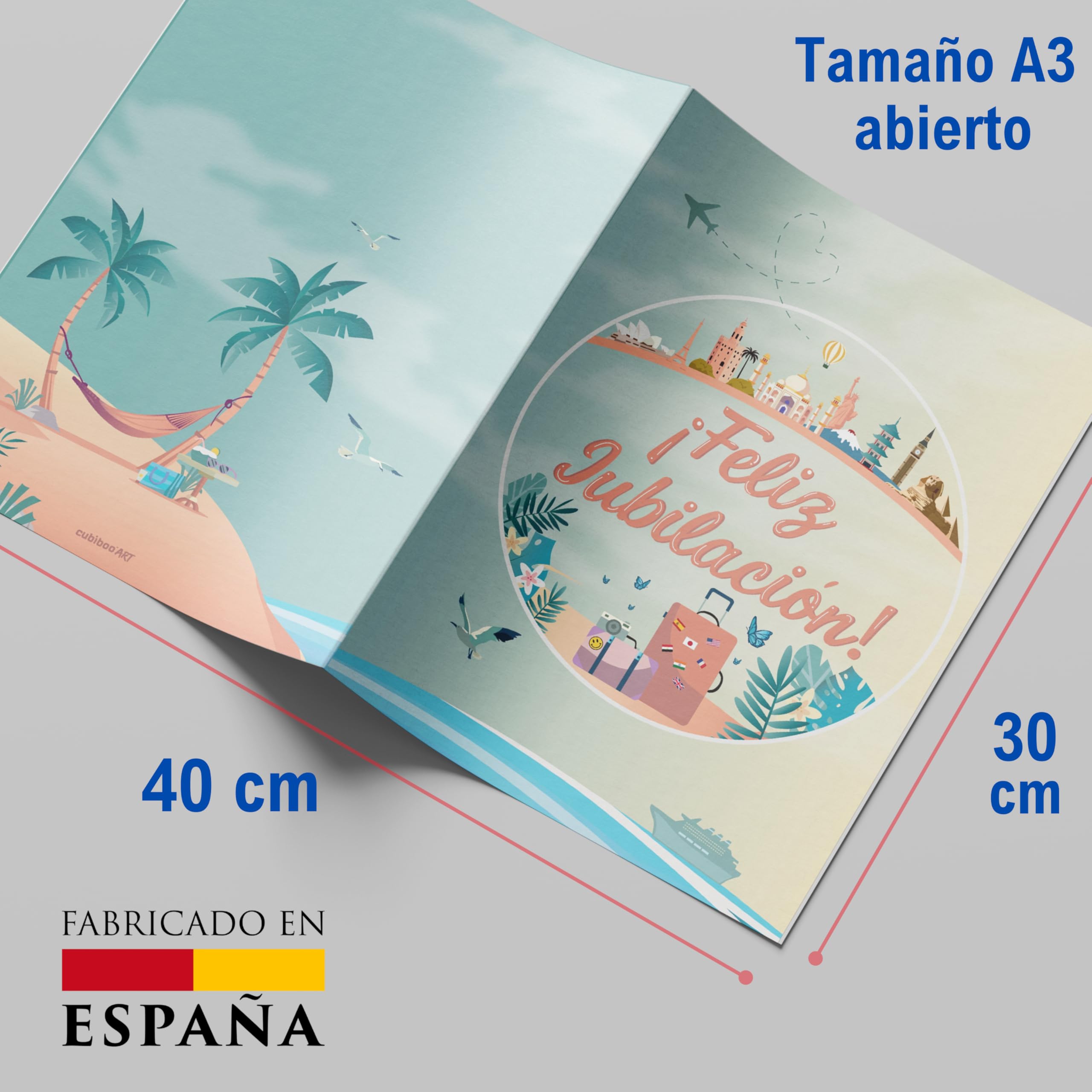ART Tarjeta felicitacion jubilacion Grande A4 - (42×30 cm abierta (A3) – Regalo profesora o compañera/compañero – Diseño Pastel Suave y Sobre Rojo Reutilizable (JUBILACION)