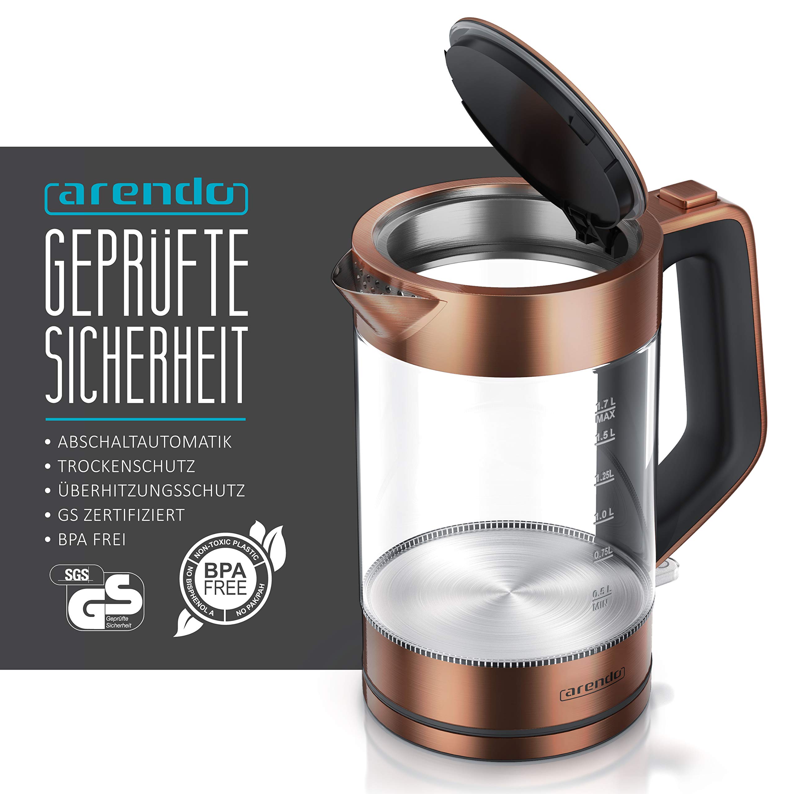 Arendo - Glas Wasserkocher Edelstahl - 1,7 Liter - 2200W - Cool Touch Griff - One Touch Verschluss - automatische Abschaltung - integrierte Kabelführung - Überhitzungsschutz - Kupfer Design