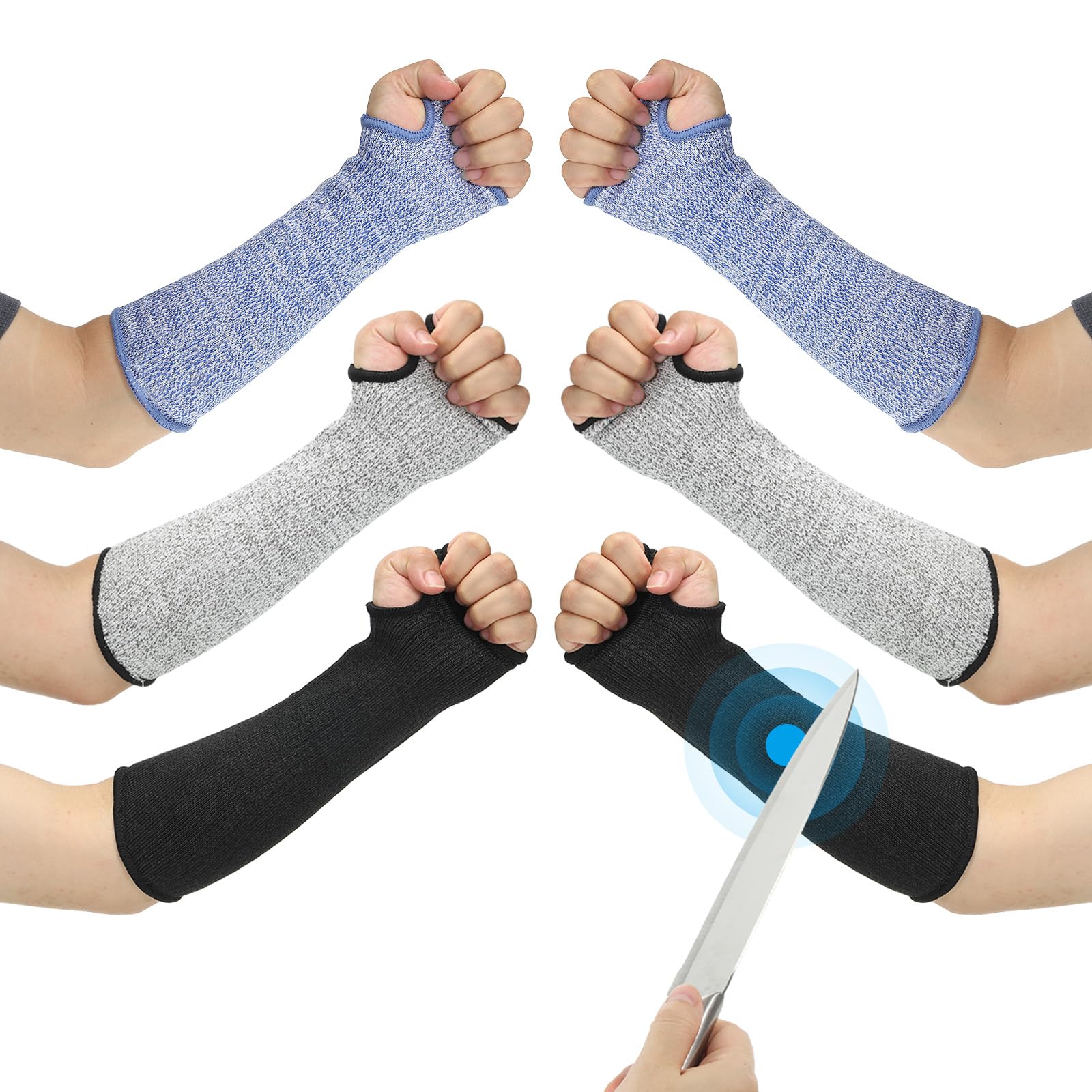 PATIKIL 12 Inch Cut Resistant Sleeve, 3 Pairs Arm Safety Protectors Sleeves with Thumb Hole Level 5 Protection Forearm Guard Sleeves for Thin Skin and Bruising, S, Black/Gray/Blue