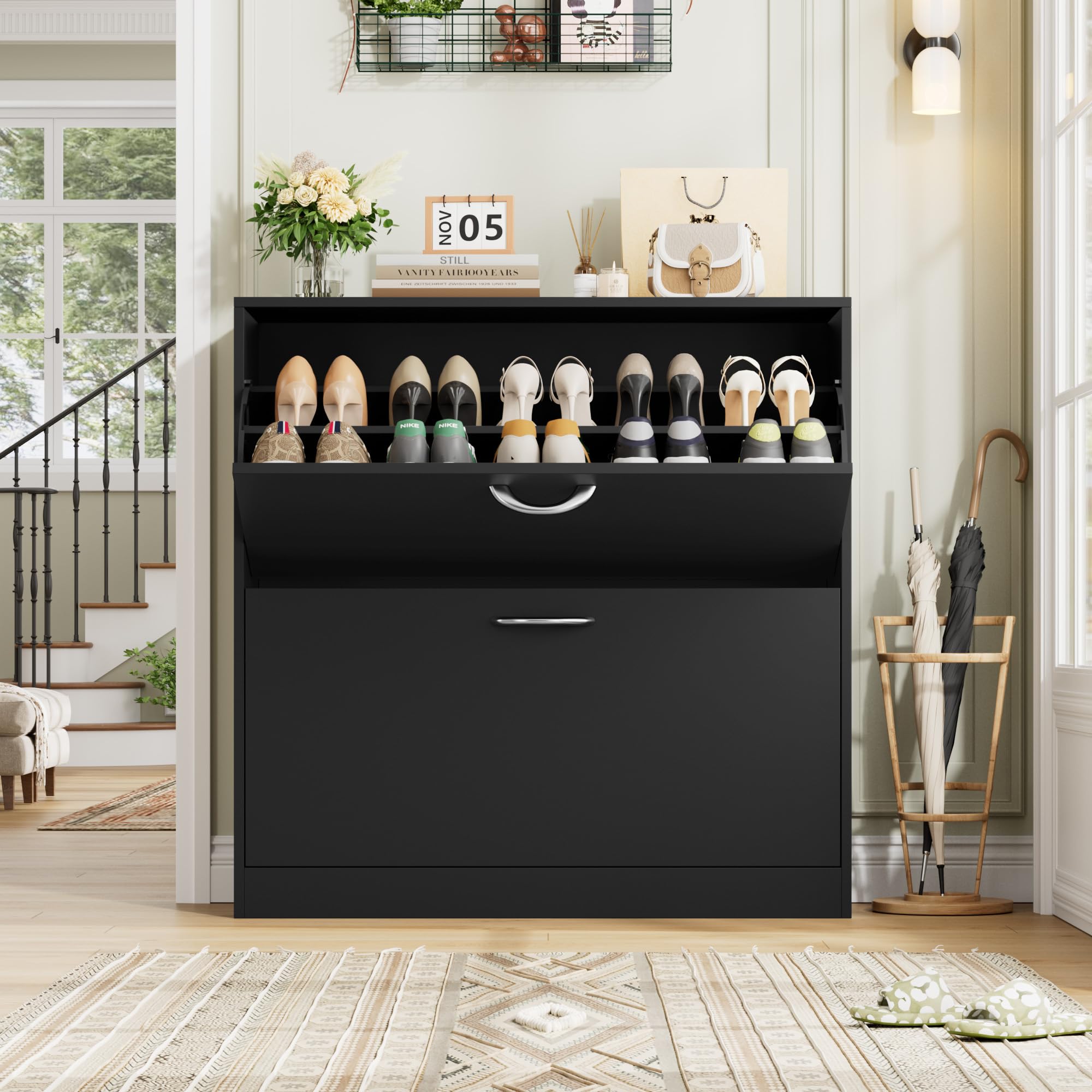 FirFurd Schuhschrank schwarz mit Schuhkipper für 8-16 Parre, Schuhregal platzsparend für Schuhaufbewahrung schmaler Schuhschrank 80cm breit für Diele, Flur, Eingang 80x80x23,5cm