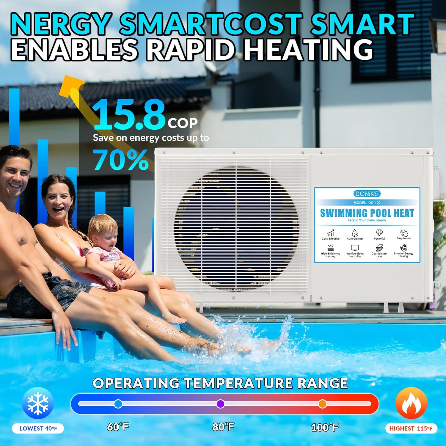 Doniks 22000 BTU Pool Heat Pump, for 7000 Gallons Above Ground and Inground Pool,Swimming Pool Heaters,230V~240V, with Digital Display Multi-Protection