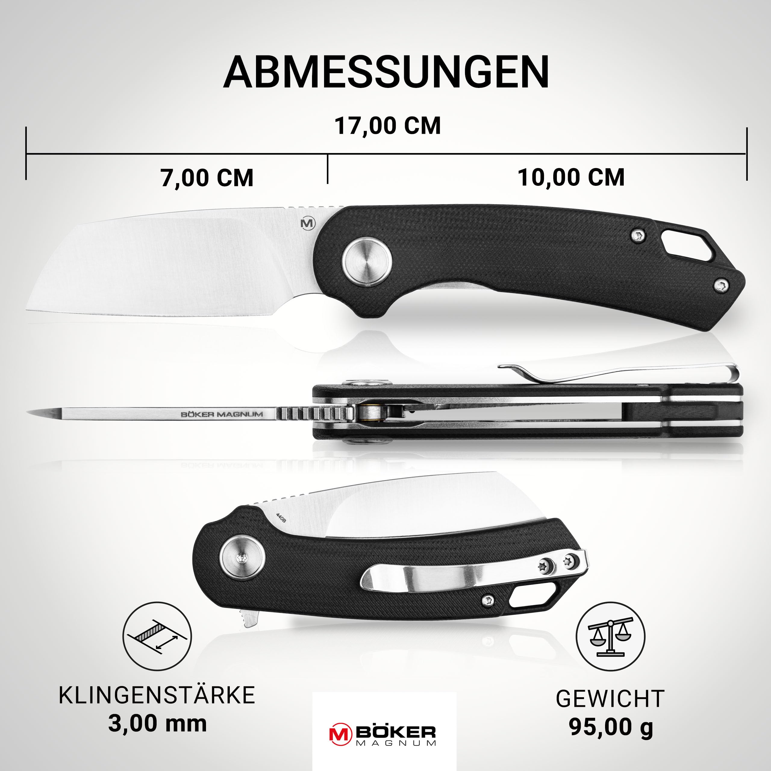 Magnum® Cliff Wharn Folder Knife – Einhand Klappmesser mit 7 cm 440B Wharncliffe Klinge – 1 Hand Flipper Messer mit Linerlock - Profi Taschenmesser mit G10 Griff schwarz