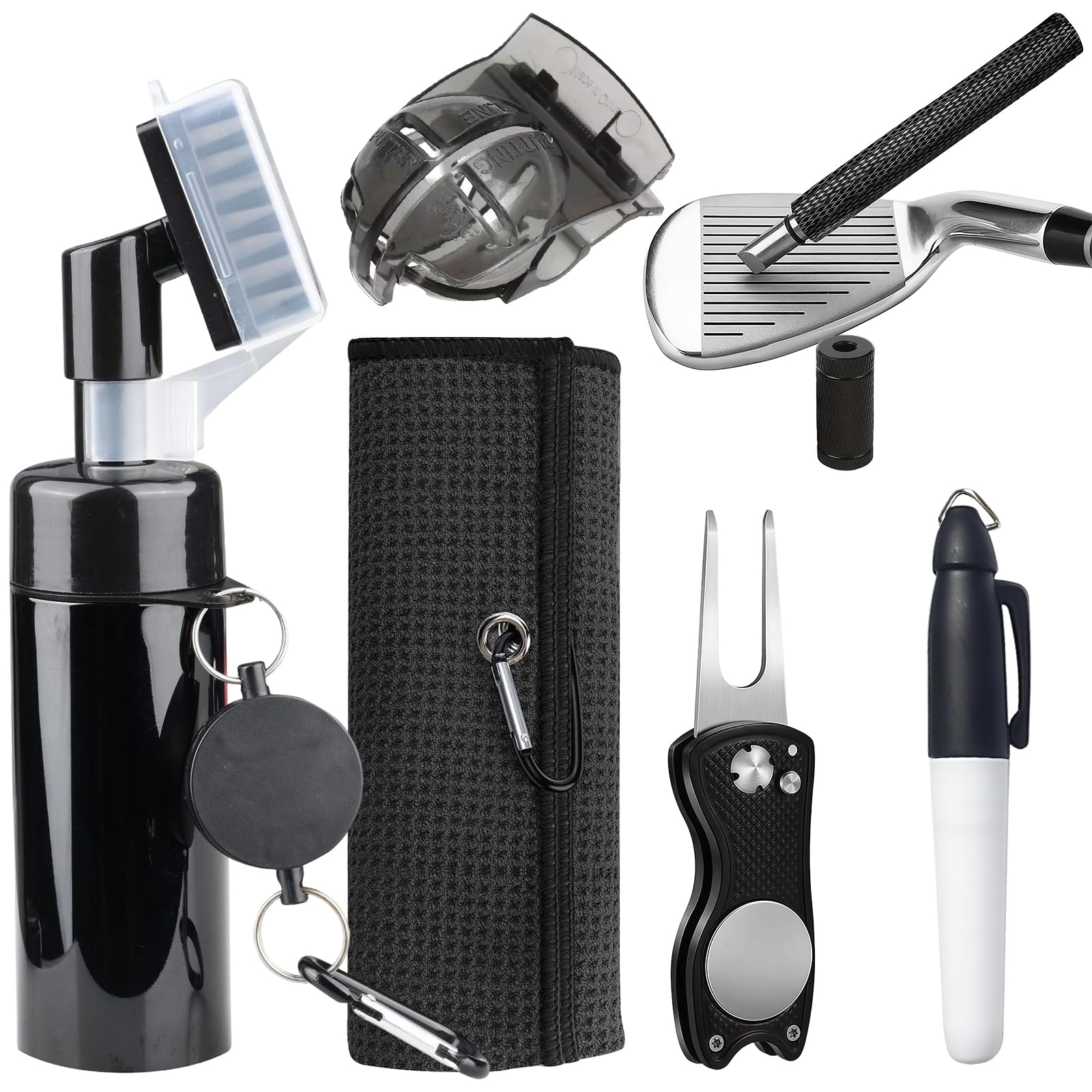 Tel Charme * Golf Club Cleaning Kit with Retractable Brush, Built-In Water Spray (150ml), Microfiber Towel, Divot Tool, Groove Sharpener, Ball Line Marker Pen - Efficient Golf Accessories Set for Men