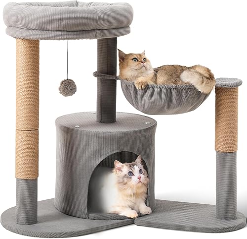 Miniatura 1 de FUKUMARU Poste rascador para gatos, árbol para gatos 4 en 1 con hamaca giratoria, torre para gatos con cama y cueva, moderna casa de juegos para