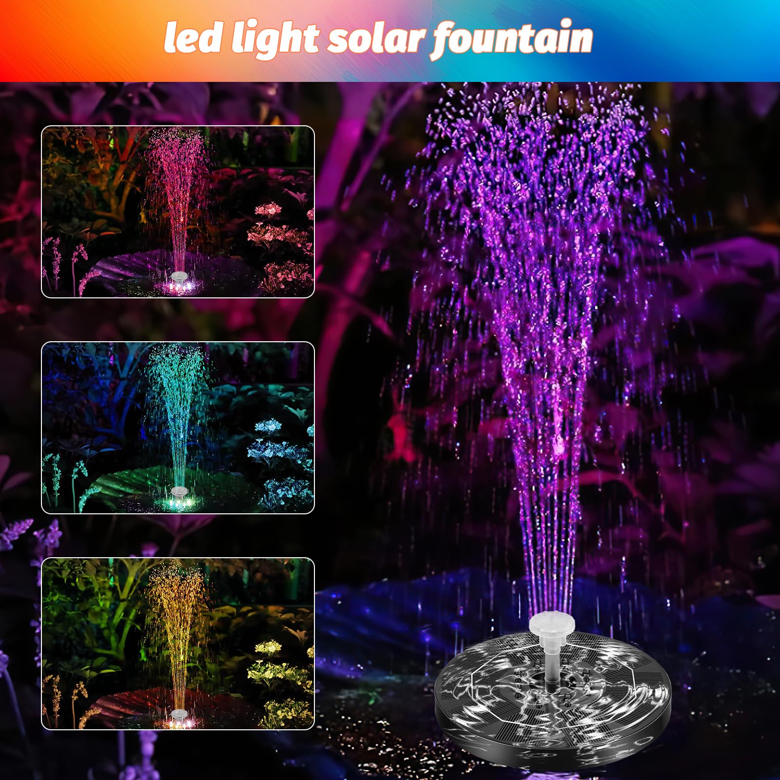 Kasanni Fontana Solare 3w Fontana Da Giardino Esterno Solare Con Led Luce, 6 Ugelli Fontana Solare Per Laghetto Adatto Per Giardini, Vasche Per Uccelli, Stagni
