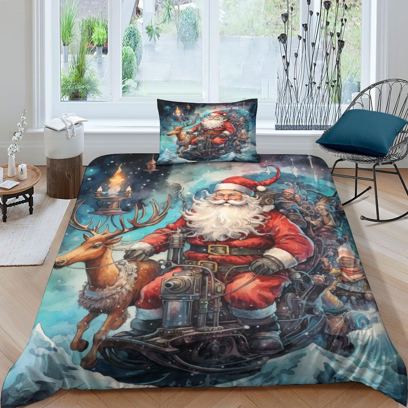 Housse de couette Noël 3D zippée anti-plis pour lit simple 135x200