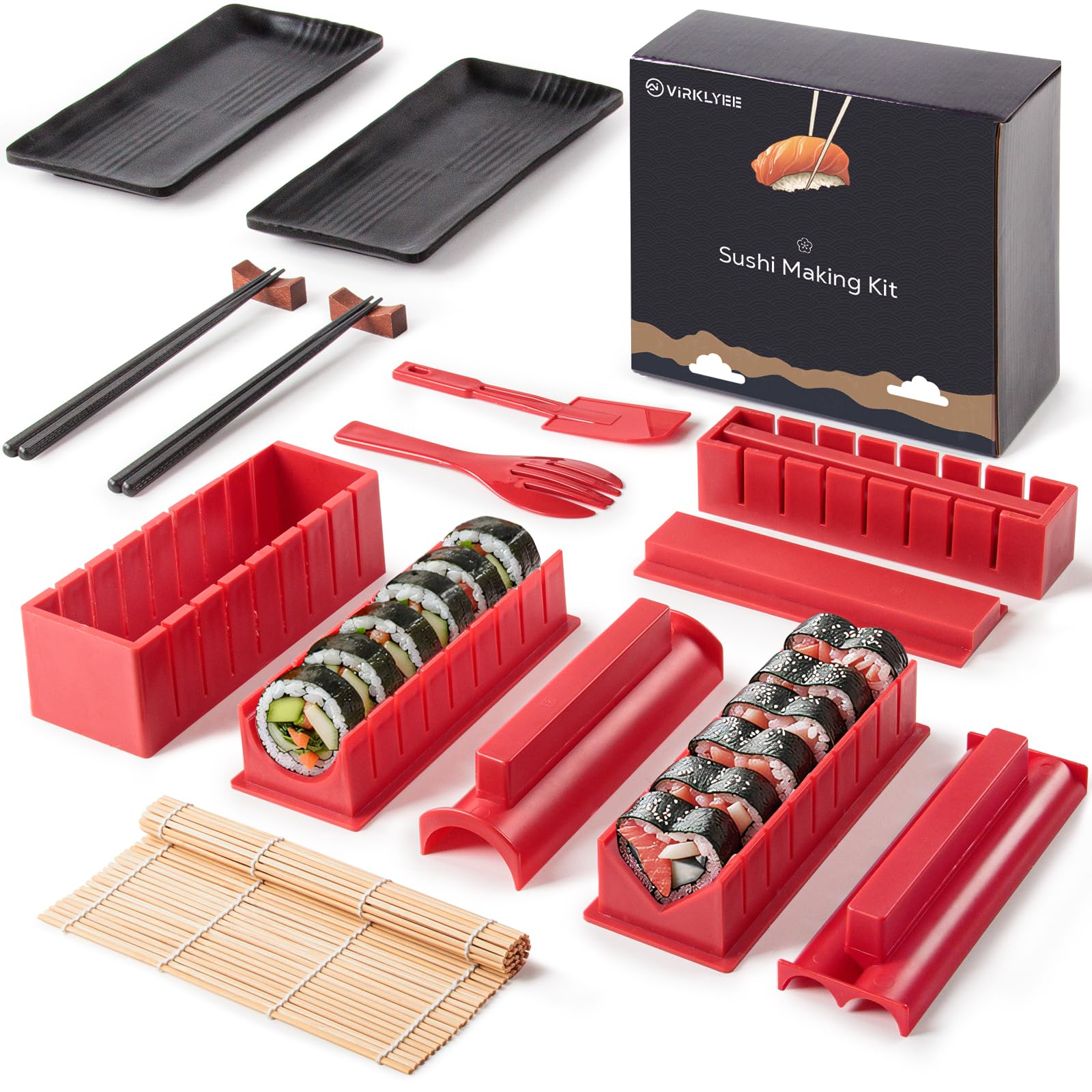 Sushi Making Kit 17 Stück Sushi-Set Sushi Form Set Mehrere Formen DIY Sushi Selbst Machen Set, Sushi-Matten, Sushi-Teller,Essstäbchen (Rot)